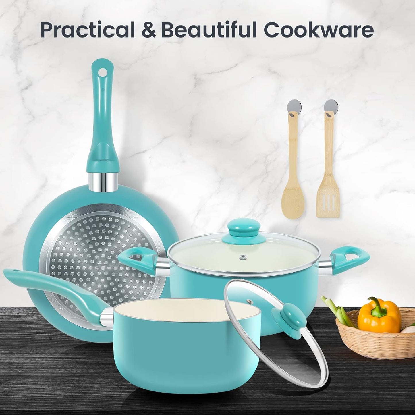 Pots and Pans Set, 7 Piece Nonstick Ceramic Cookware Set, Kitchen Induction Cookware Sets, Pots and Pans Non Stick with Stay Cool Handle, 100% PFOA Free, Turquoise