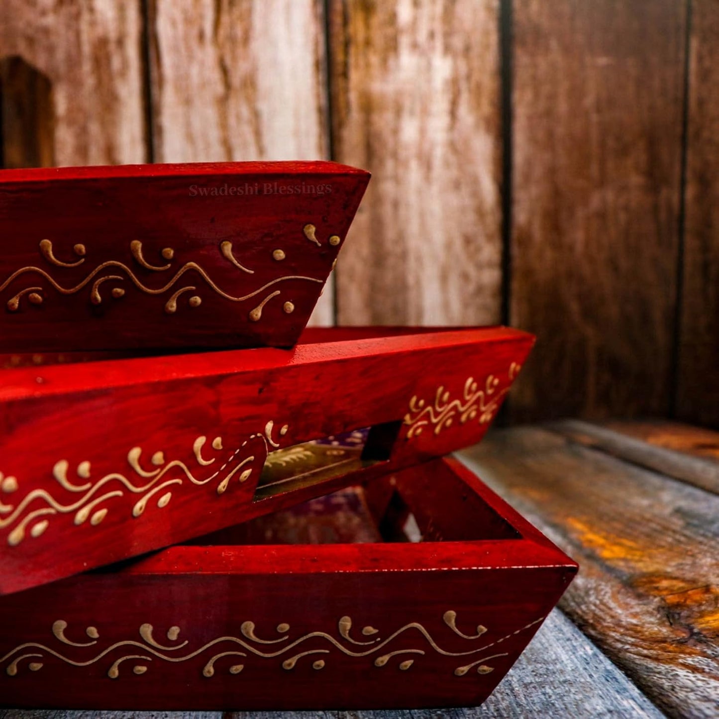Swadeshi Blessings Handcrafted & Hand-Painted Embossed Wooden Serving Trays Set of 3- for Kitchen/Table & Home Decor/Dinning/Gifts/Restaurants/Living Room/Coffee Table (AntiqueRed)