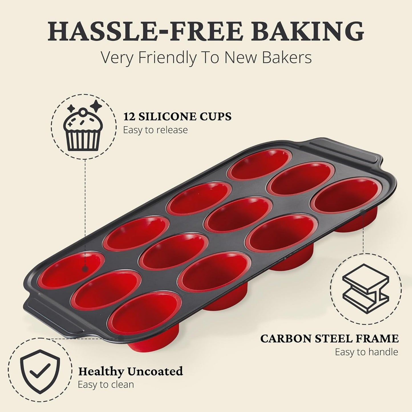 Silicone Muffin Pans for Baking with Metal Frame, Egg Bite Molds, Cupcake Pans 12 Regular Size, Muffin Tins Easy to Pop Nonstick Non Toxic Bakeware for Oven, Red