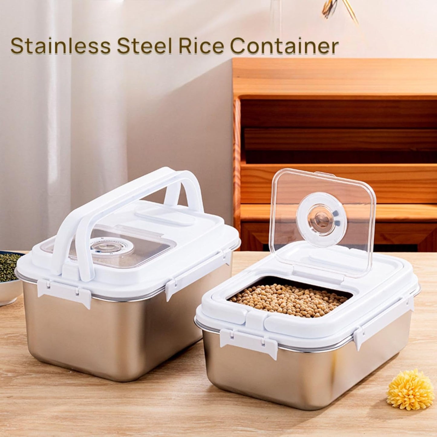 Saim Rice Storage Container Bin, 20lb Stainless Steel Food Storage Containers with Silicone Lid, Measuring Cup, Spoon, Rice Dispenser for Flour, Sugar,and Baking Supplies