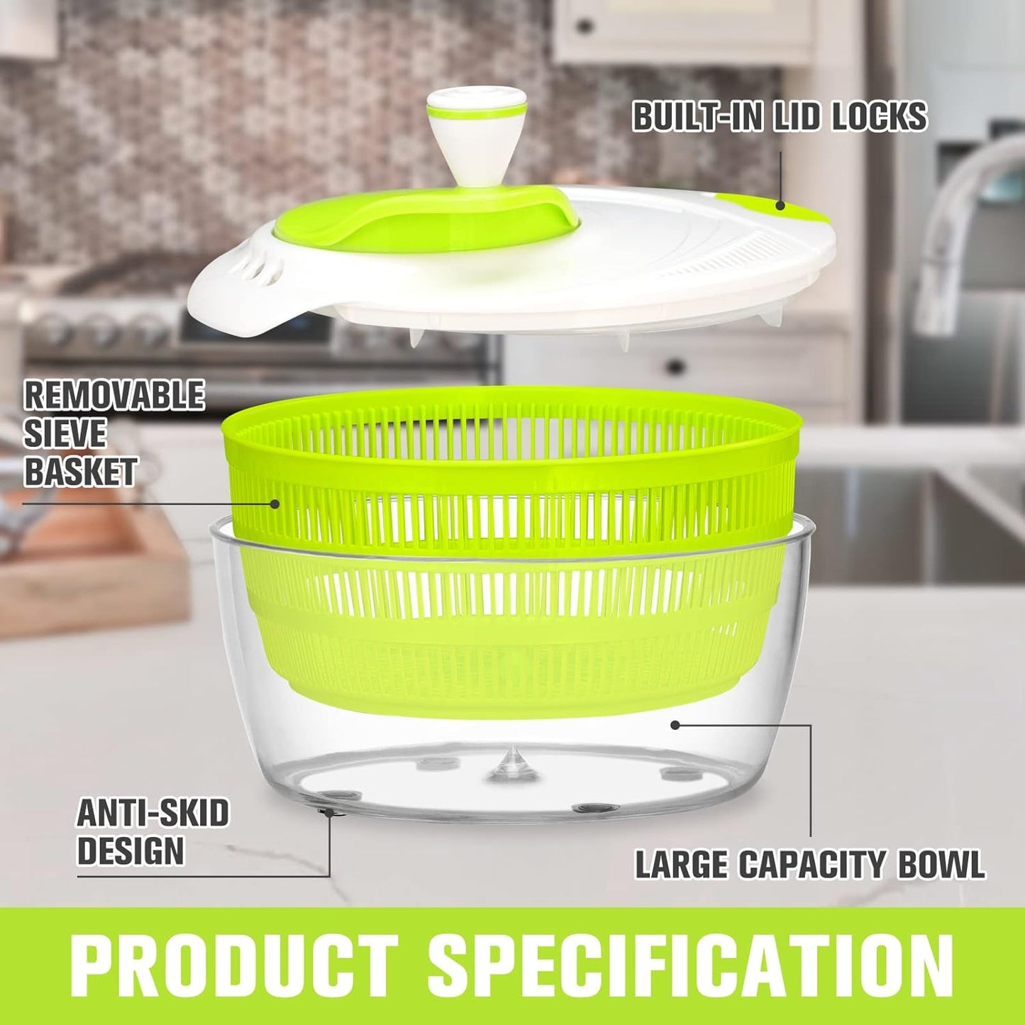 Smile mom Salad Spinner Large Lettuce Spinner Kitchen Gadgets, Large Salad Spinner Vegetable Washer, High Efficiency for Home Kitchen Washing & Drying Leafy Vegetables With Rotary Handle 4.2Qt Green