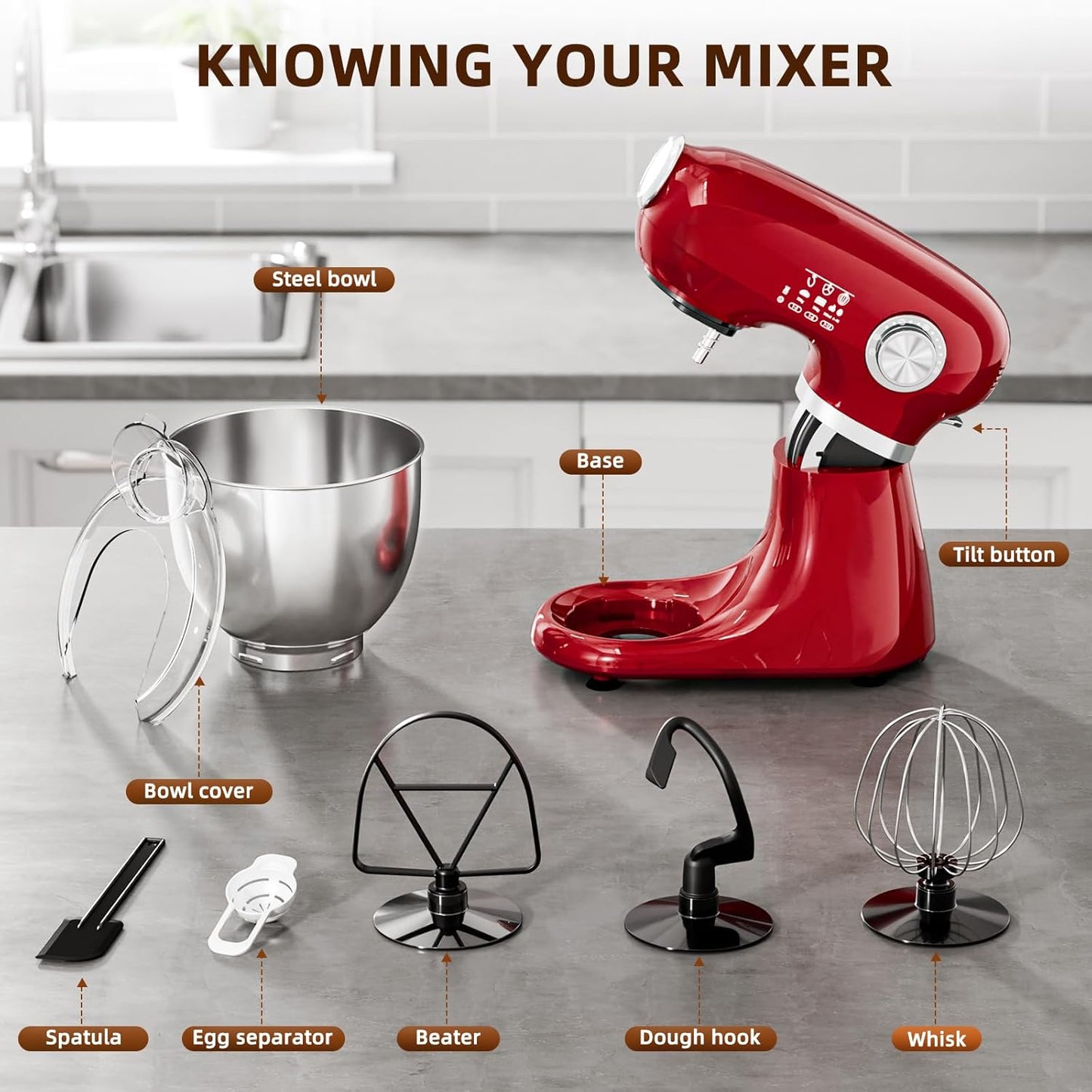 Cowsar Stand Mixer, 12 Speeds Tilt-Head Electric Commercial Stand Mixer, 3-In-1 Kitchen Mixer with Bowl, Dough Hook, Whisk and Beater, Red