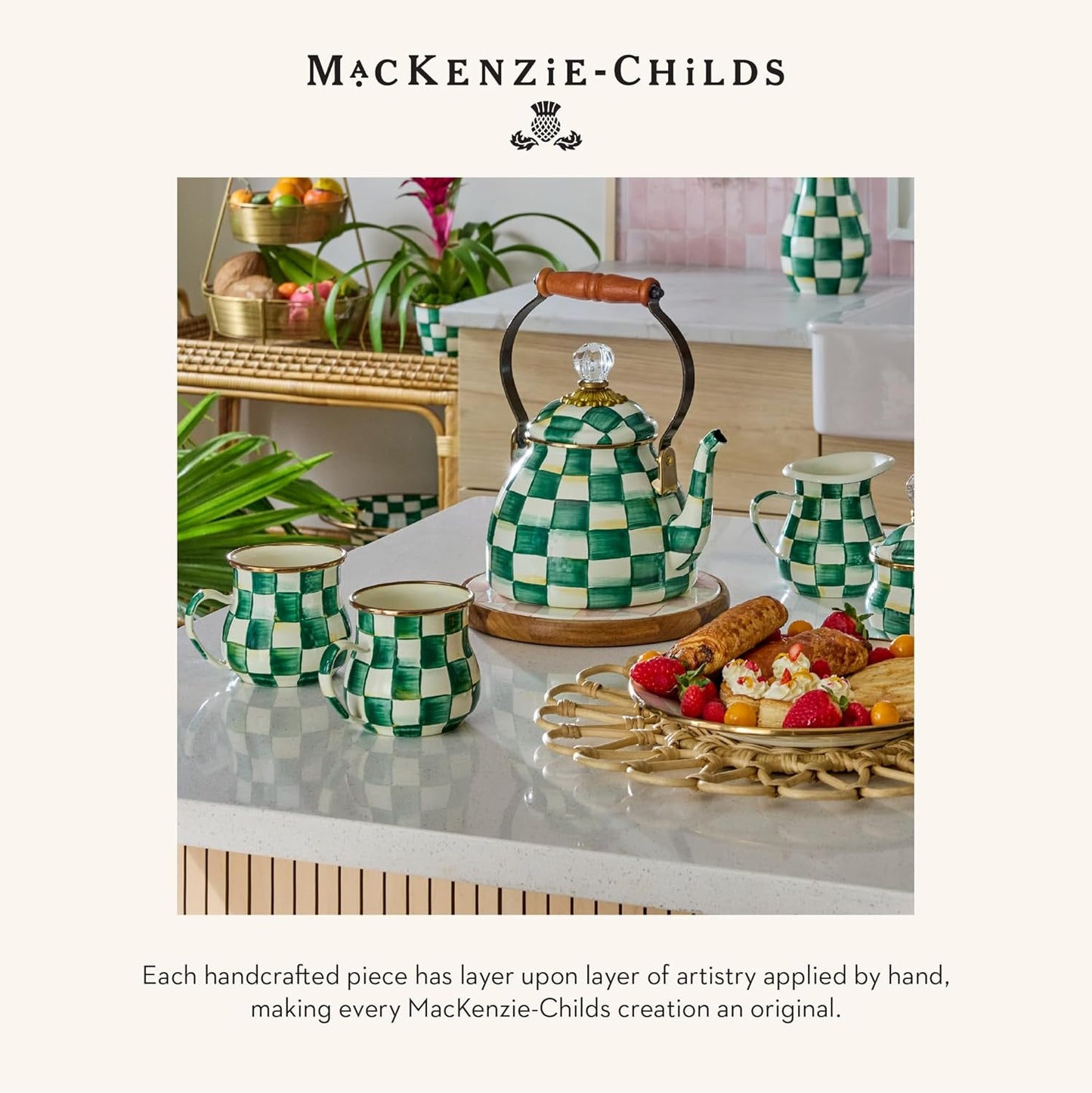 MACKENZIE-CHILDS Enamel Utensil Holder, Kitchen Utensil Holder for Countertop, Green-and-White Emerald Check