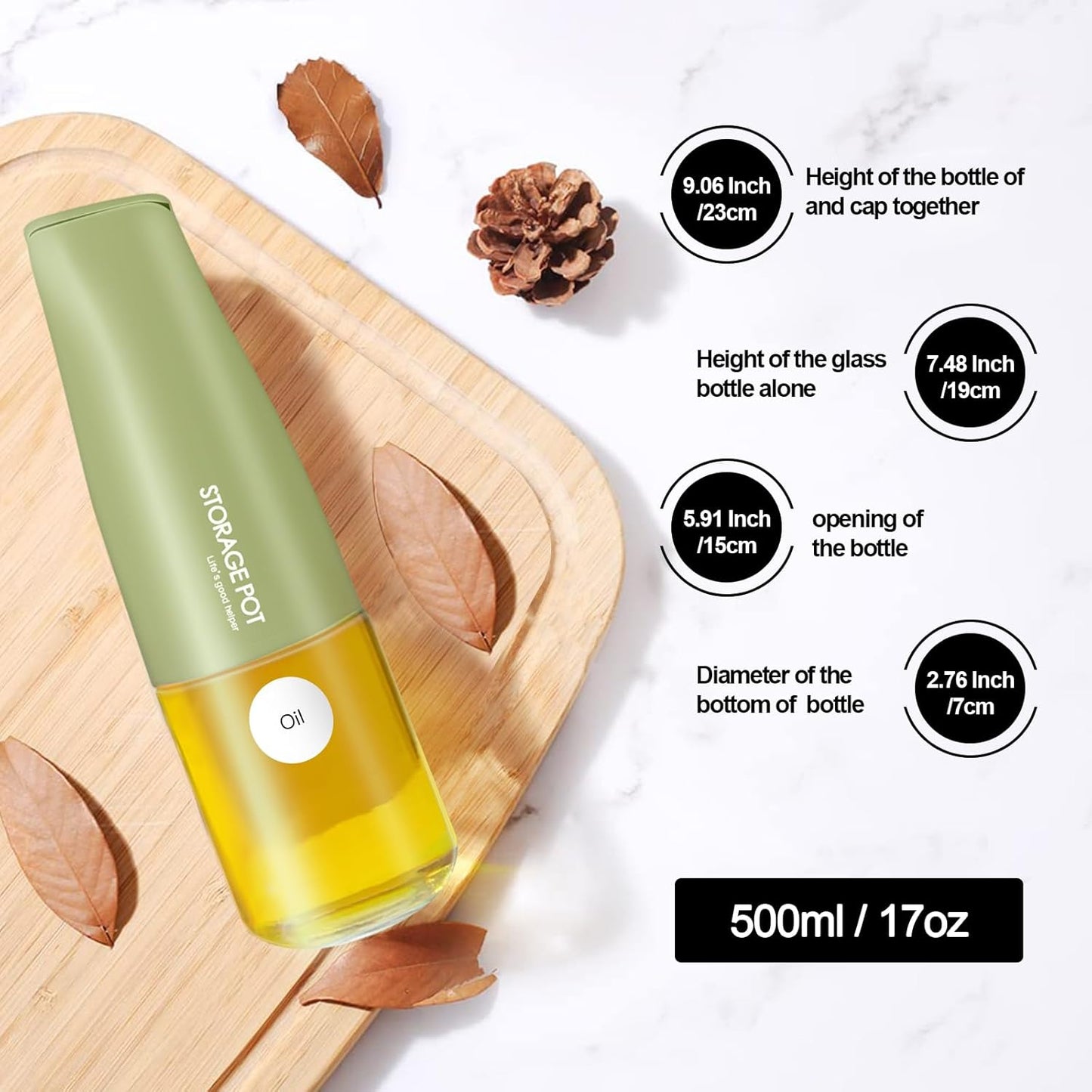 YARRAMATE 2Pcs Large Capacity Aesthetic Olive Oil Dispenser for Kitchen, 500ml /17oz Cooking Glass Vinegar Drizzler, Leak Proof Oil Bottle, Non-Drip Soy Sauce Dispenser, Oil Pourer&Labels(White&Green)