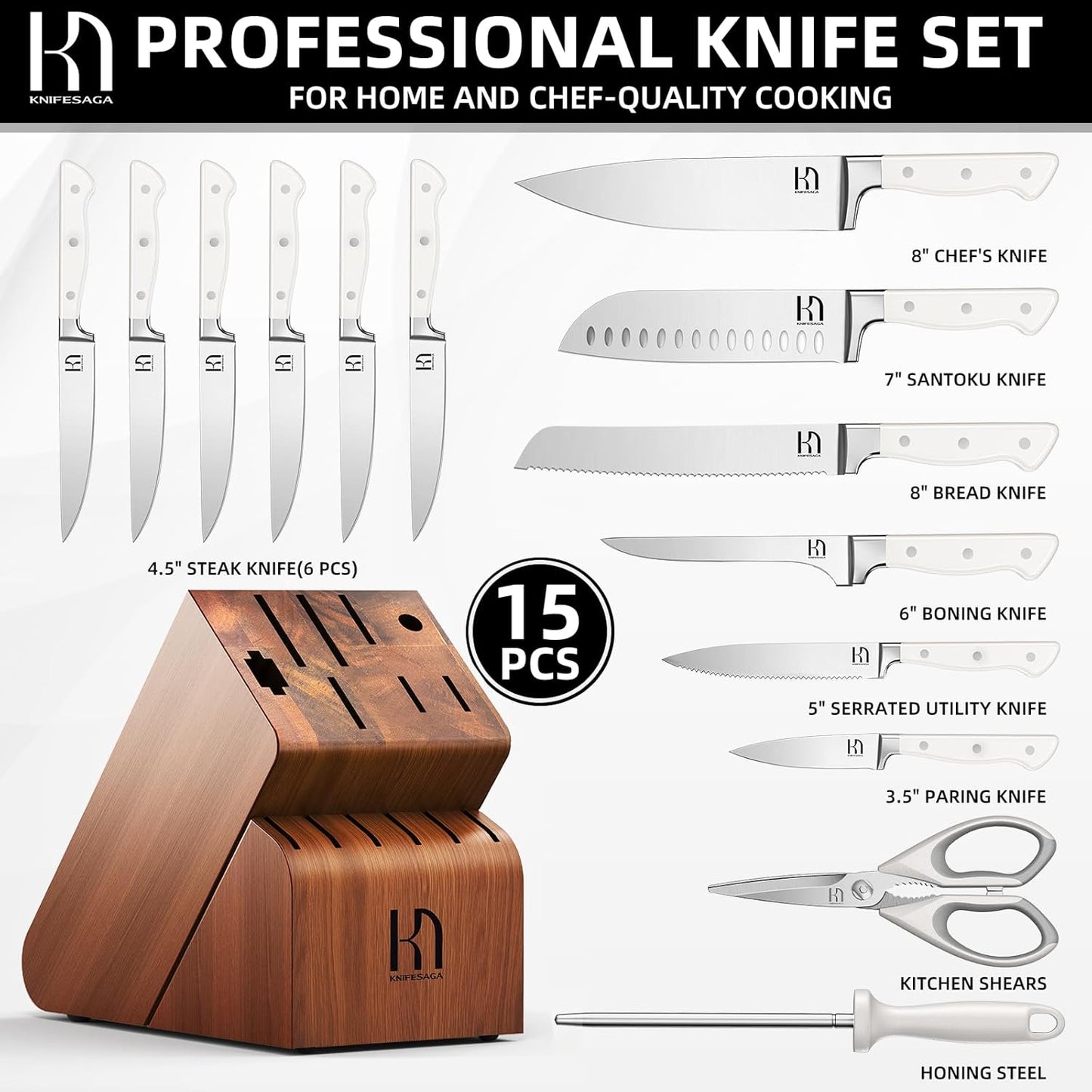 Knife Set, 15 Pcs Kitchen Knife Block Set, Enduring Razor-Sharp Japanese High Carbon Stainless Steel Chef Knife Set with Block and Sharpener, Premium Knives Set for Kitchen, White Acacia