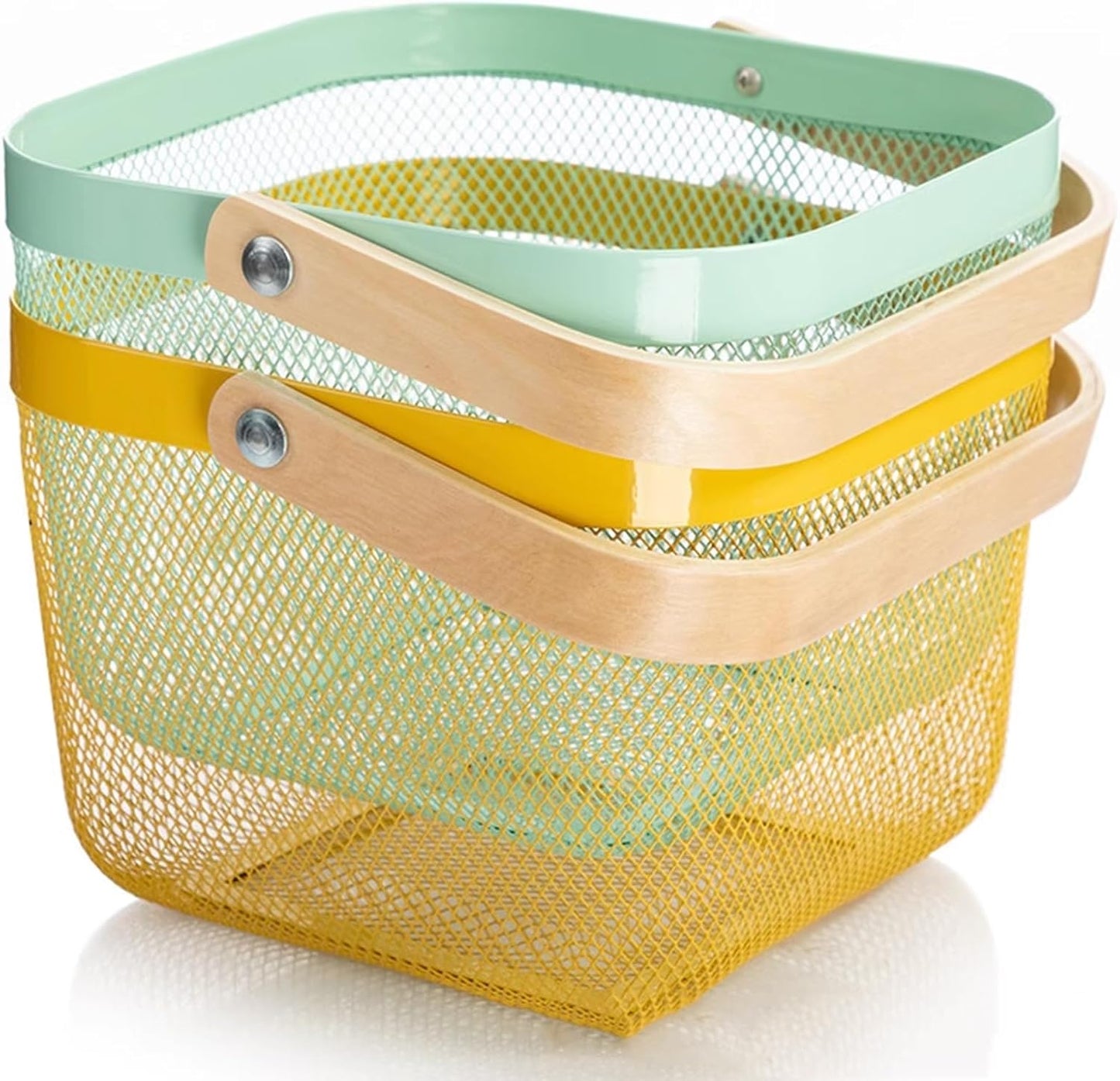 Metal Mesh Steel Basket, Storage Organizer Basket Multi-functional Hanging Kitchen Baskets Fruit Basket with Wooden Handle for Kitchen Bathroom Picnic Shopping Decor Cabinet Home, Macaron Blue