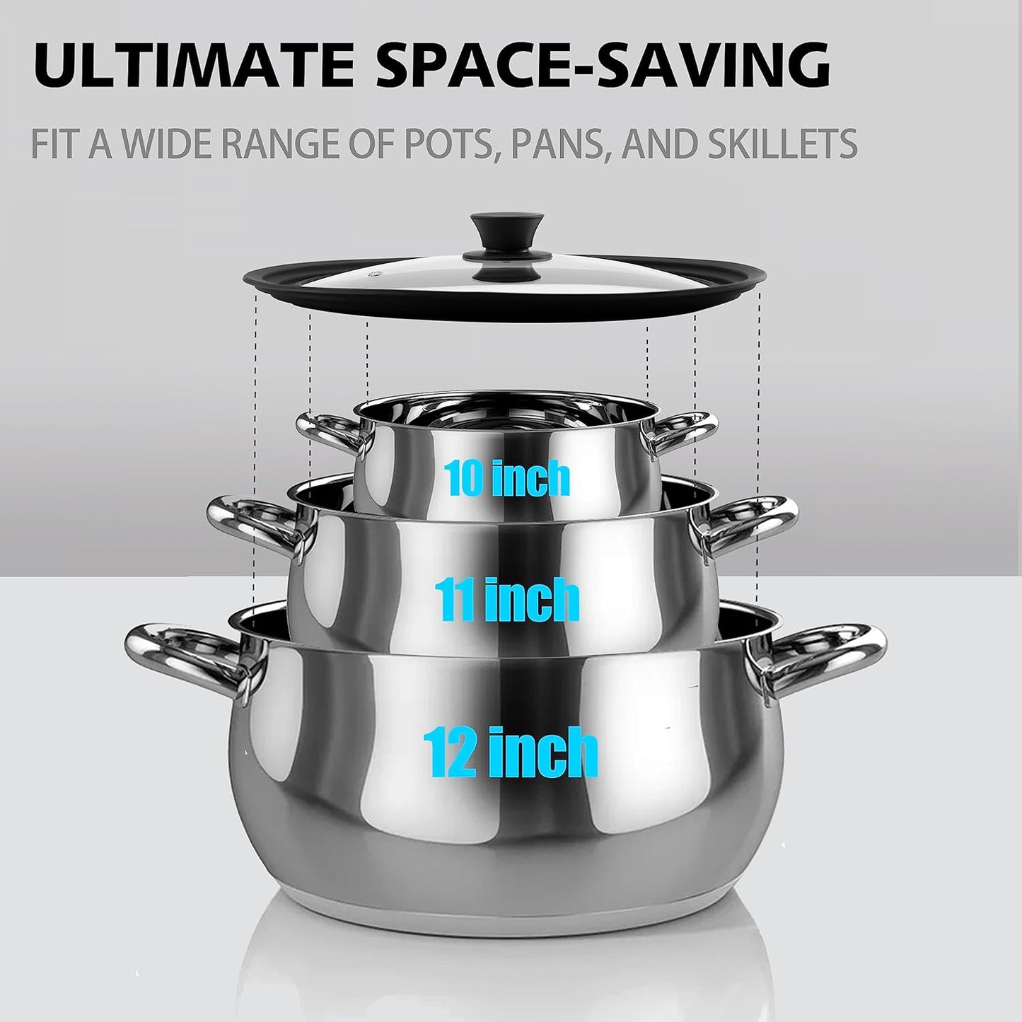 Tempered Glass Lid - Universal Lid with Heat Resistant Silicone Rim for Pots, Pans and Skillets - Pan Cover Replacement Lid Fits 10", 11" and 12" Diameter Cookware