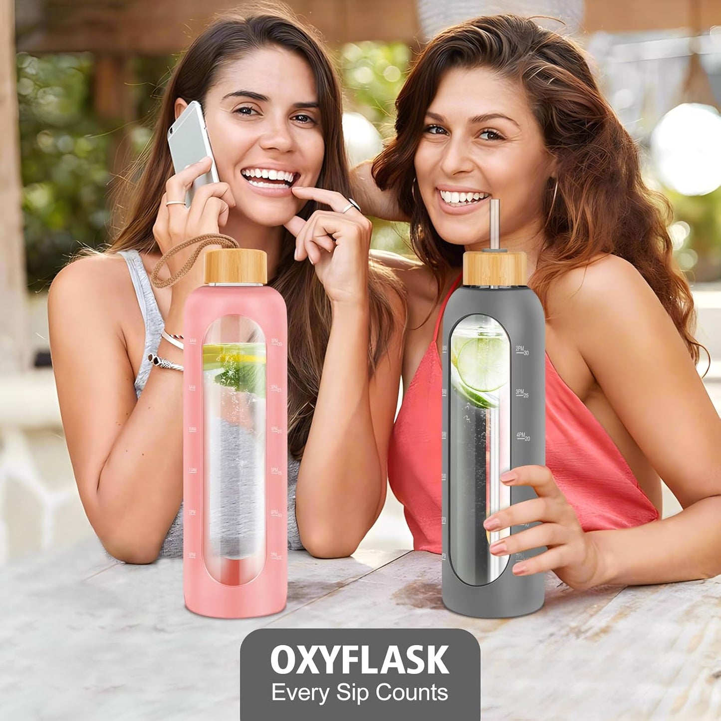 Glass Water Bottles 32 oz - Motivational Drinking Glass Water Bottle with Silicone Sleeve, Straw & 2 Bamboo Lids - 1 Liter Clear Borosilicate Daily Intake Tumbler with Time Marker - Grey