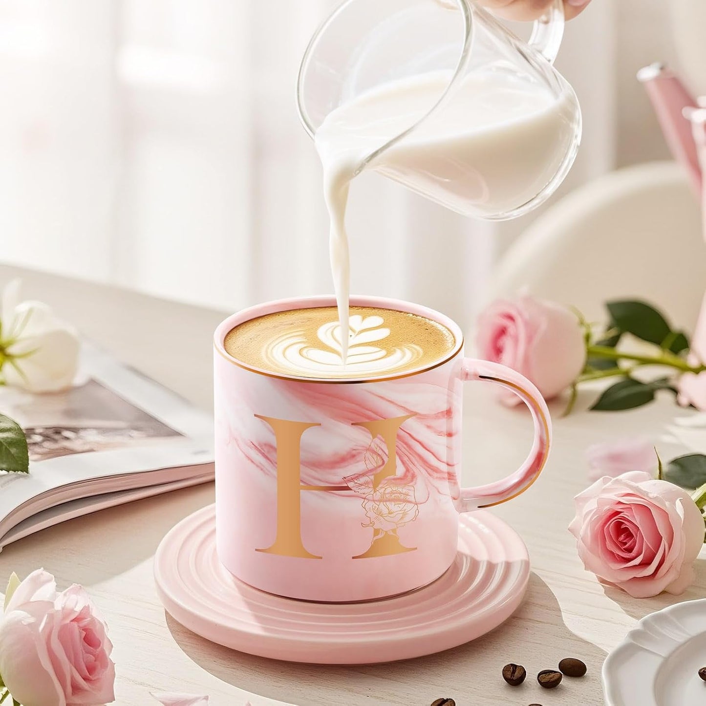 Personalized Gifts for Women Coffee Mug, Initial Customized Gift Monogrammed A-Z Coffee Mug 12 OZ, Christmas Anniversary Birthday Gifts for Women Mom Grandma Friend Sister Wife(H)