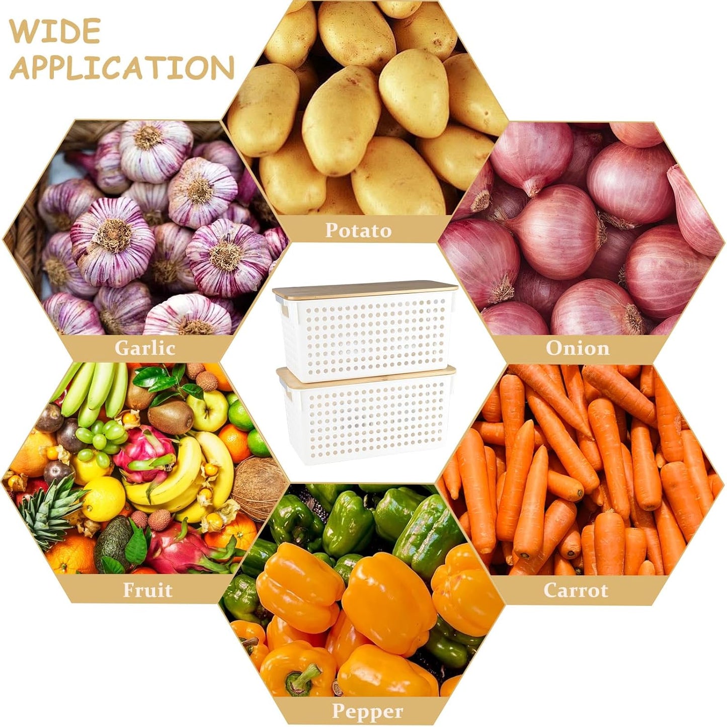 2 Set Pantry Organizer and Storage, Plastic Potato and Onion Storage with Wooden Lid, Stackable Potato Storage Onion Holder, Kitchen Pantry Baskets for Onion Potato Fruit Produce Vegetable