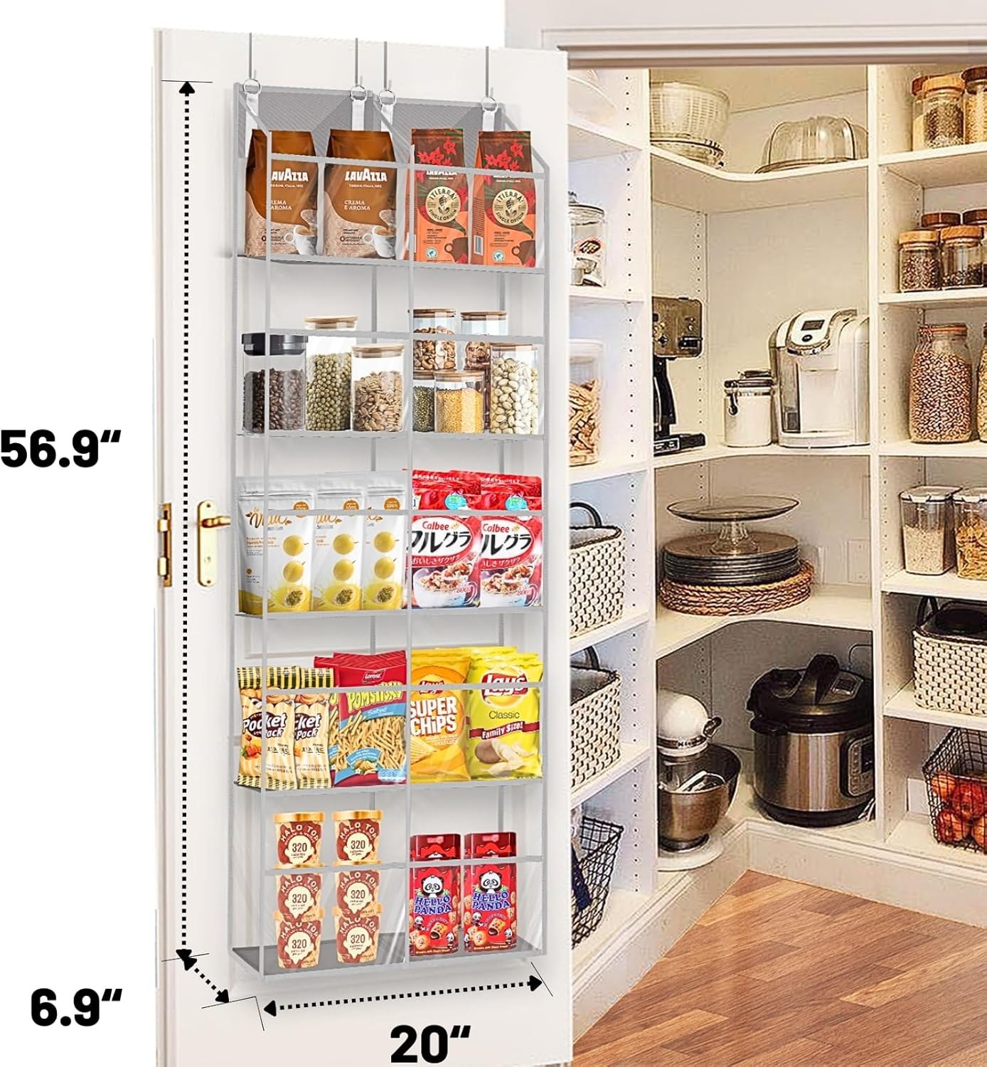 Over the Door Organizer 5 Tiers,Extra Large Behind Door Storage of 10 Compartments,50 lbs Weight Capacity Over the Door Storage, Clear Door Hanging Organizer for Closet, Diaper Organizer