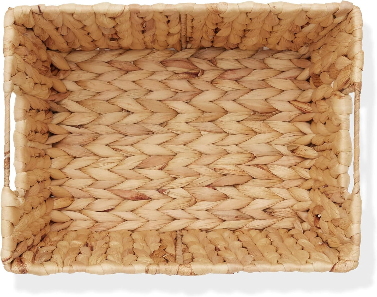 Casafield Set of 4 Water Hyacinth Storage Baskets with Handles - Natural, Woven Rectangular Storage Bins for Shelves, Blankets, Laundry Organization