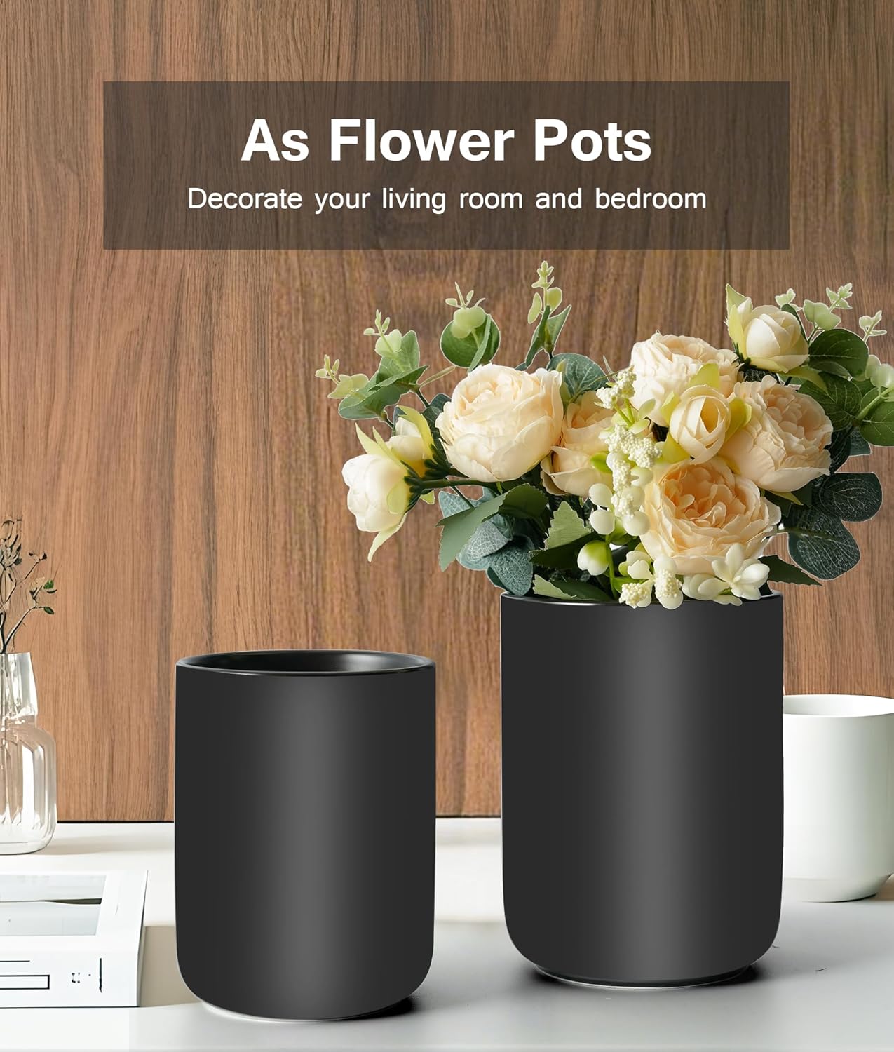 Set of 2 Utensil Holder, 7"+5" Ceramic Kitchen Utensil Holder for Countertop, Large Cooking Utensil Crocks for Counter, Morden Utensil Organizer for Spatula, Kitchen Decor (Black)