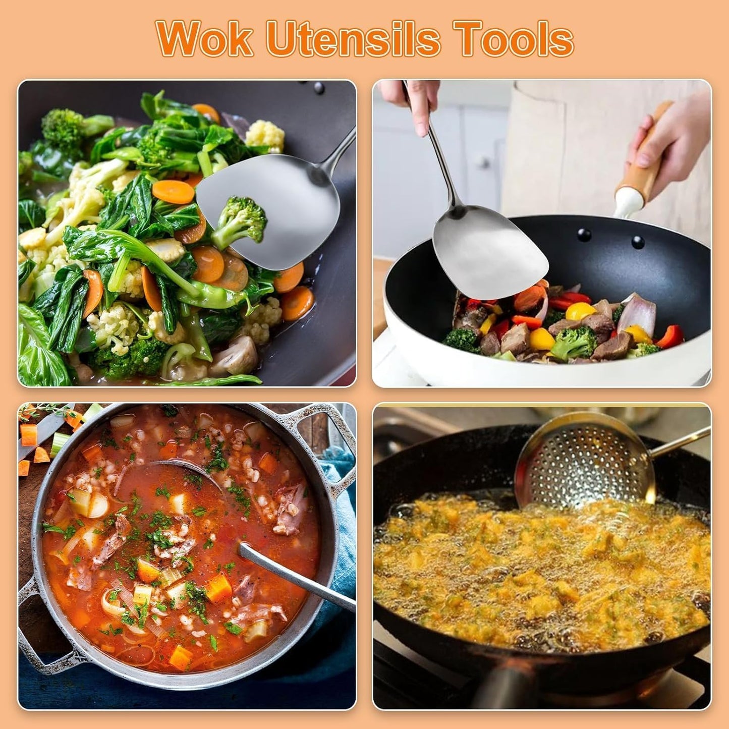 FJNATINH Skimmer Ladle, 15.4inches spatula for wok, 304 Stainless Steel wok spatula,Wooden Handle