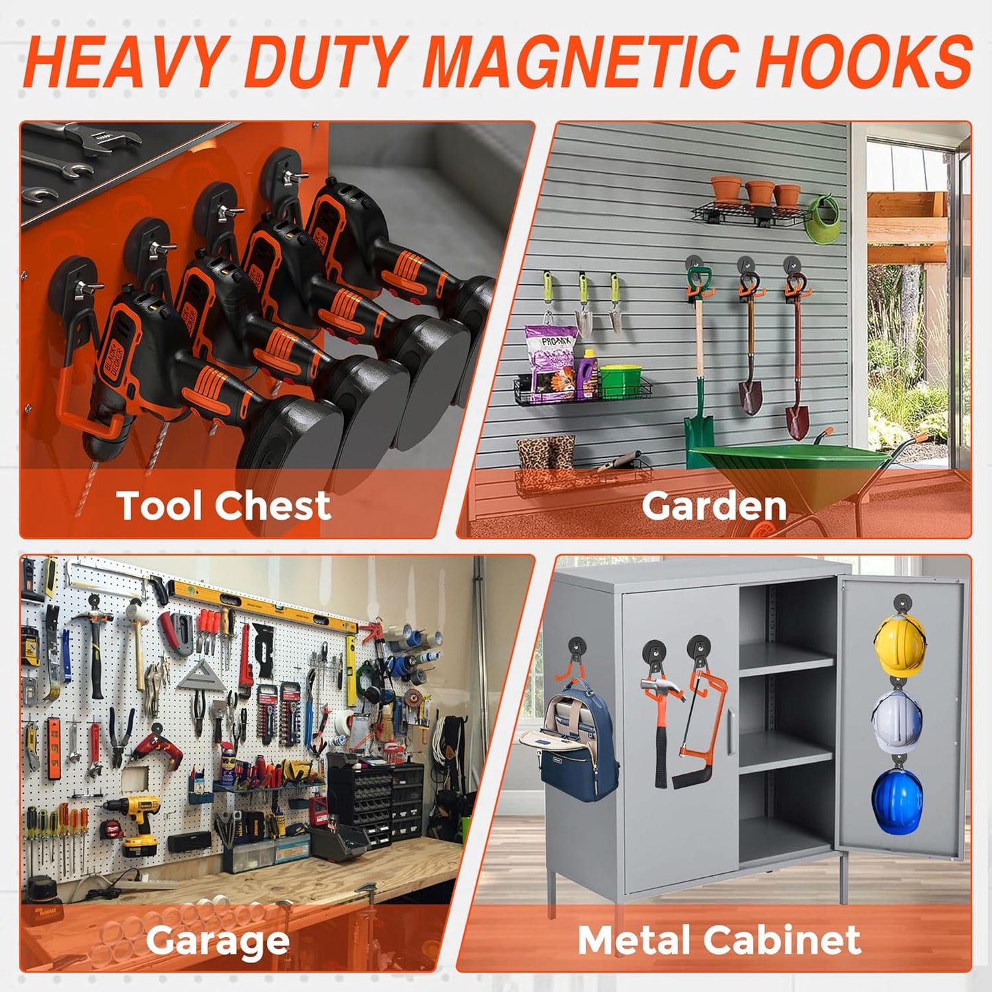 6Pcs Heavy Duty Storage Magnetic Utility Hooks Large Garage Strong Extra Magnet Hooks Hanger with Anti-Slip Coating Heavy Duty Magnetic Hooks for Hanging Power Dril Garage Garden Tools Orange