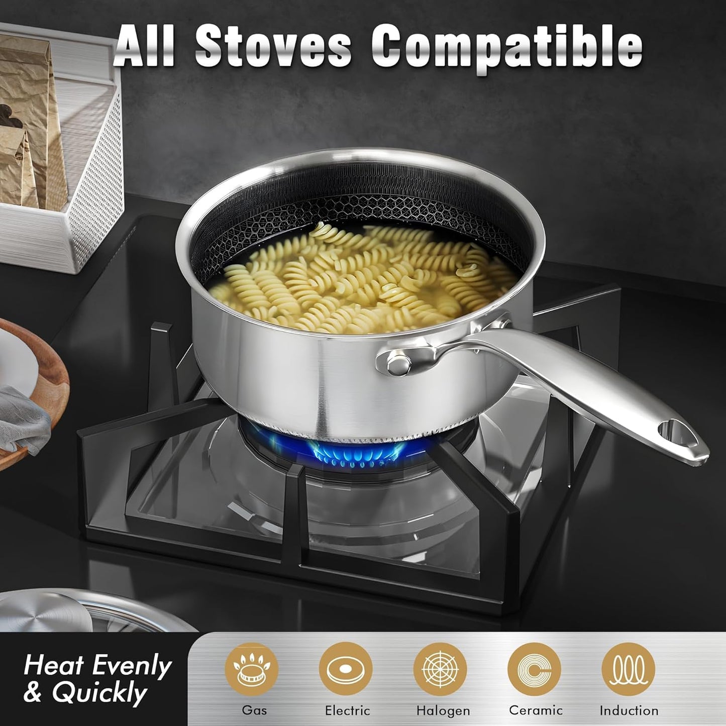 AuFranc™ Hybrid Nonstick 2 Quart Stainless Steel Saucepan with Glass Lid, Induction Sauce Pan with Honeycomb Carving, Non-stick Sauce Pot Compatible with All Cooktops, Dishwasher Safe, Non-Toxic