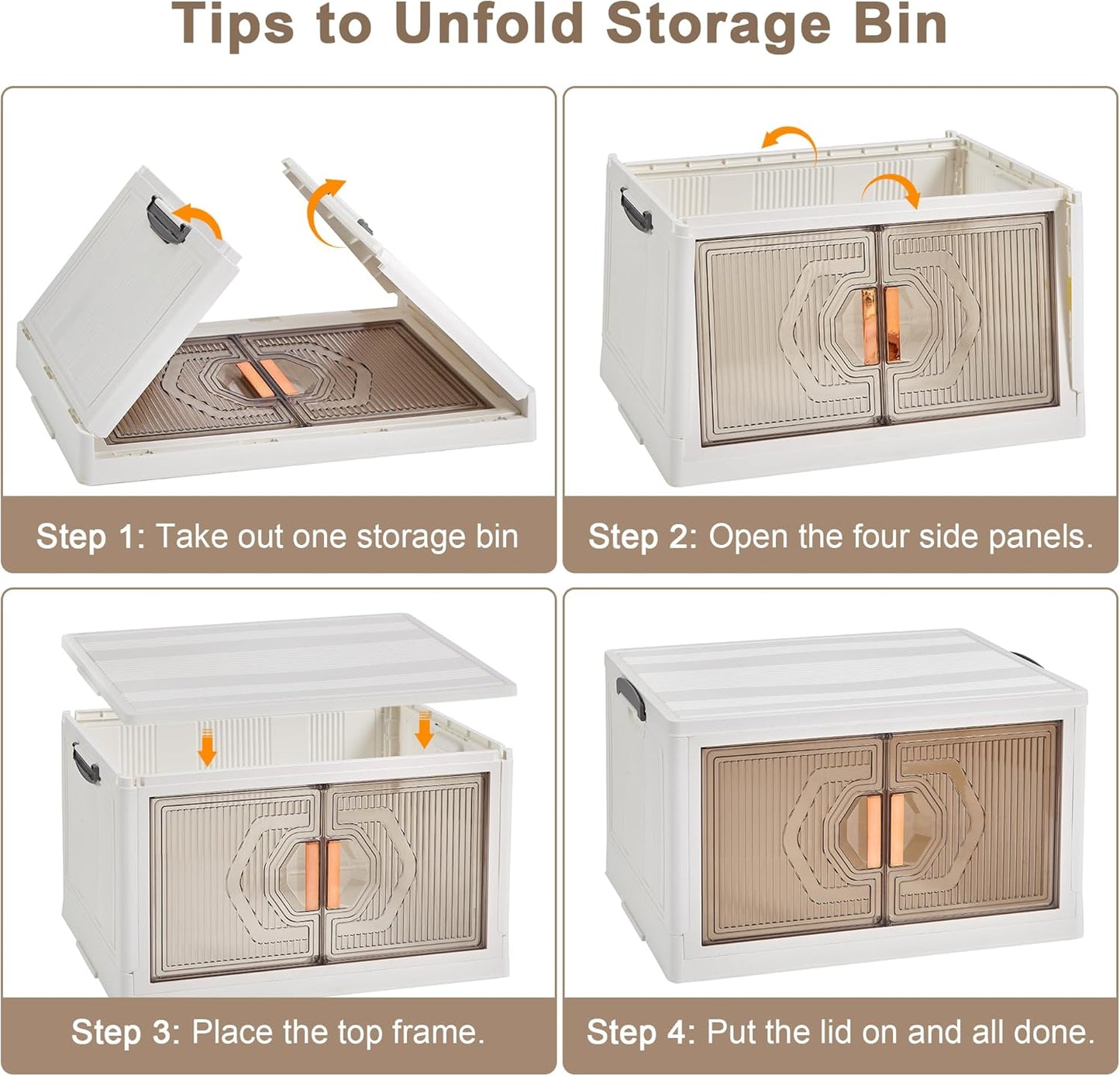 VECELO 19 Gal Stackable Storage Bins with Lid, 3 Pack Plastic Collapsible Storage Cabinet, Foldable Folding Box Organizer/Storage Container Cart with Wheel and Double Door for Home Office, White