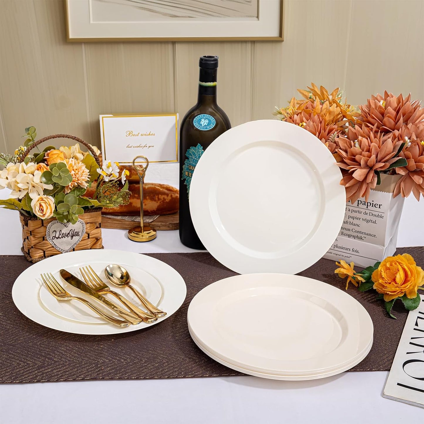 I00000 102 Pcs Ivory Plastic Plates, Disposable Party Plates Include 51 Ivory Dinner Plate 10’’ and 51 Plastic Dessert Plate 7’’ Perfect for Birthday, Party & Wedding