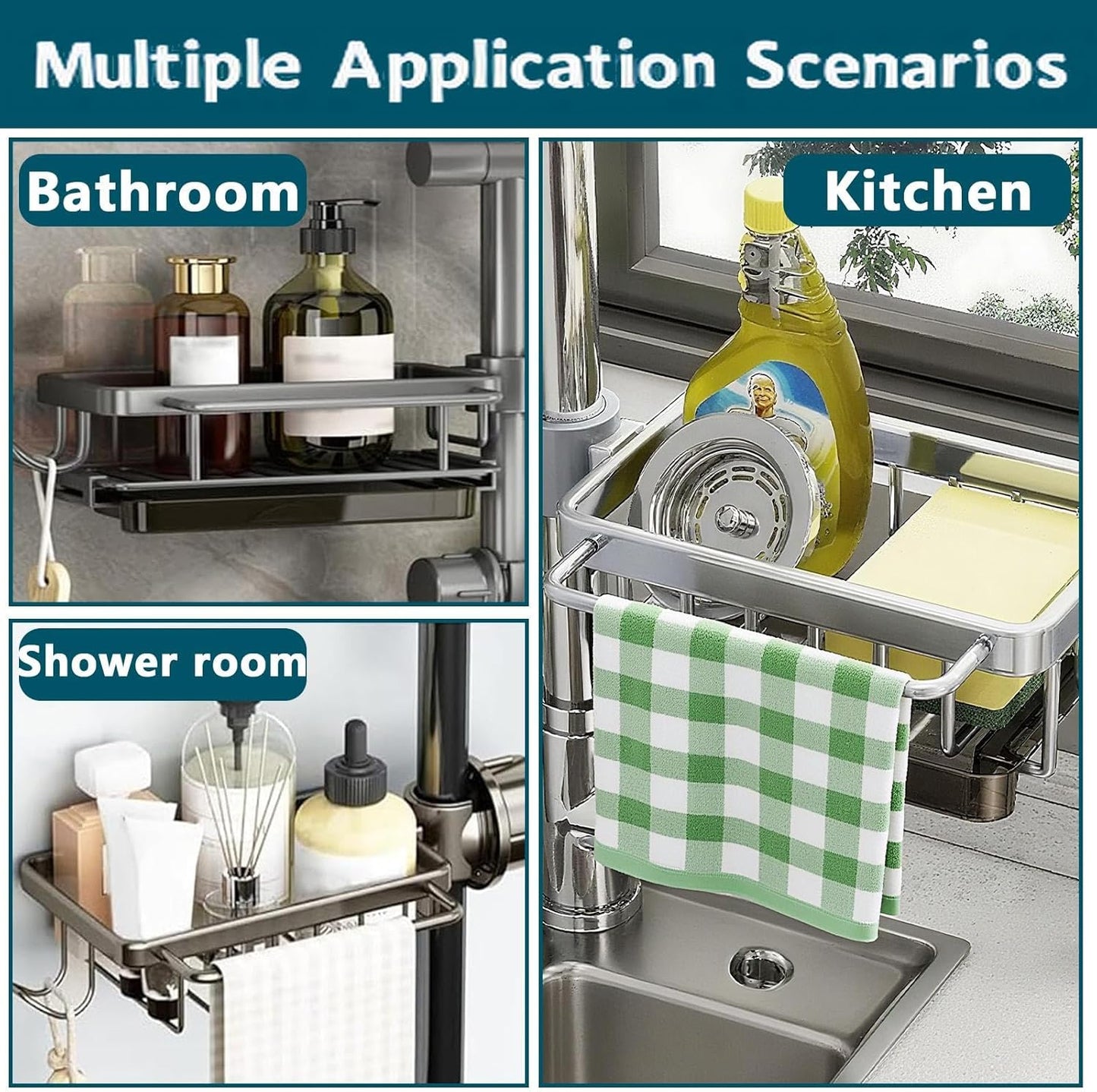 Sink Faucet Organizer Sponge Holder, Over Faucet Sink for 0.7-1.1" Round Water Pipe, Rustproof Caddy Rack, Adjustable Storage Shelf for Kitchen, Bathroom (Right Silver)