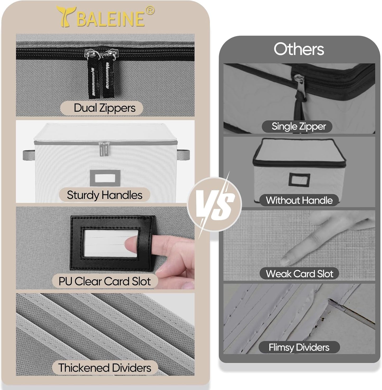 BALEINE China Storage Containers, Sturdy Quilted Wine Glass Storage, Plate Organizer with Carry Handles, Moving Boxes for Dishes, Cups, Mugs and Stemware (Wine Glass, Hard Shell Grey)