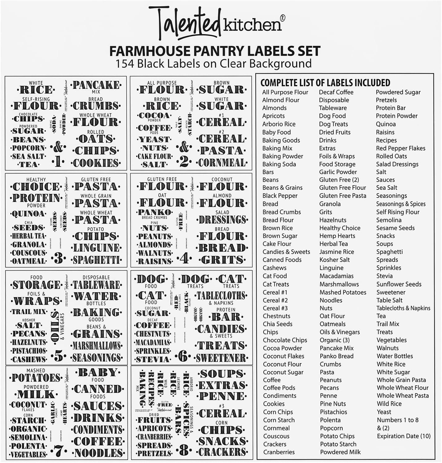 Talented Kitchen 154 Pantry Labels for Food Containers - Assorted Sizes & Black Bold Text on Clear Waterproof Vinyl - Preprinted Vintage Kitchen Labels & Farmhouse Style Pantry Organization