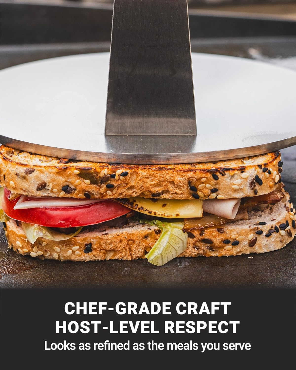 Smash Burger Press 8 Inch, 3.1 Lb Burger Smasher, Heatable for Searing Panini, Steak, Chicken, Salmon, Stainless Steel Bacon Press, Flat Bottom, Seasoning Free, Wooden Handle No Spin