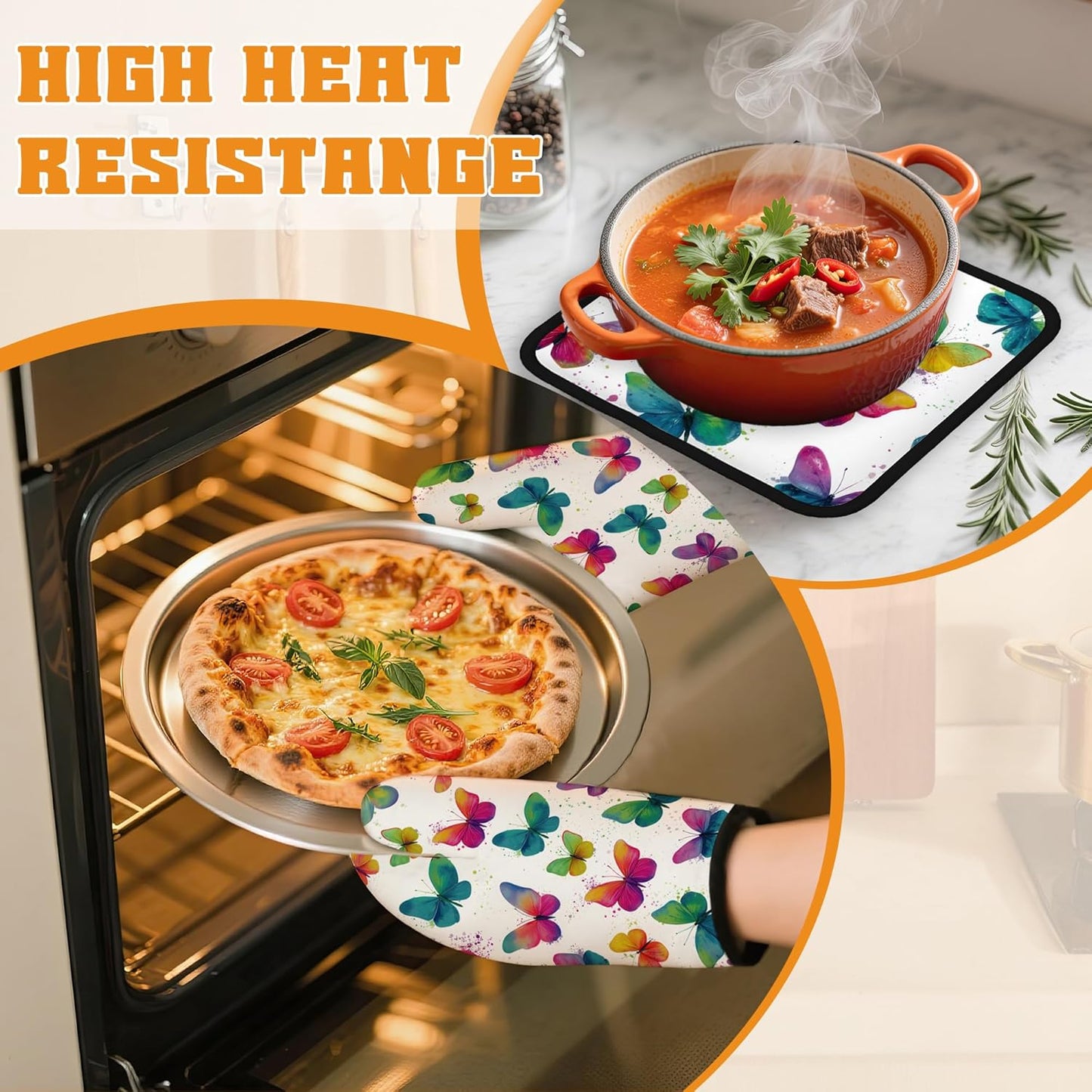 Colorful Butterfly Oven Mitts and Pot Holders,Heat Resistant Oven Mitts Gloves and Pot Holder for Home Kitchen Decorations Cooking Baking BBQ Gifts,Set of 4