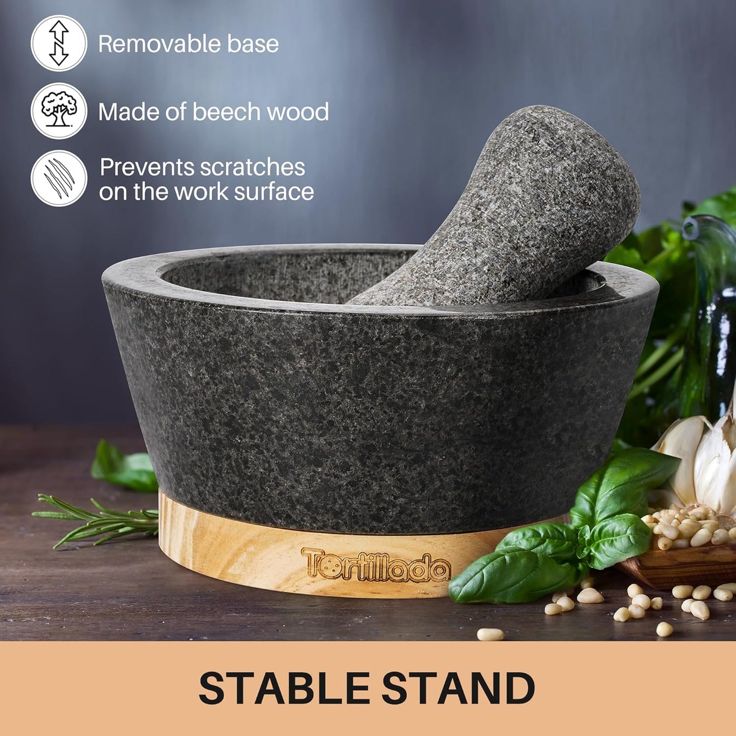 Tortillada ā 6-inch Mortar and Pestle Set Large Made of Natural Granite with Anti-Scratch Wood Base Granite Spice Herb Grinder Pill Crusher with 50 Recipes, Black