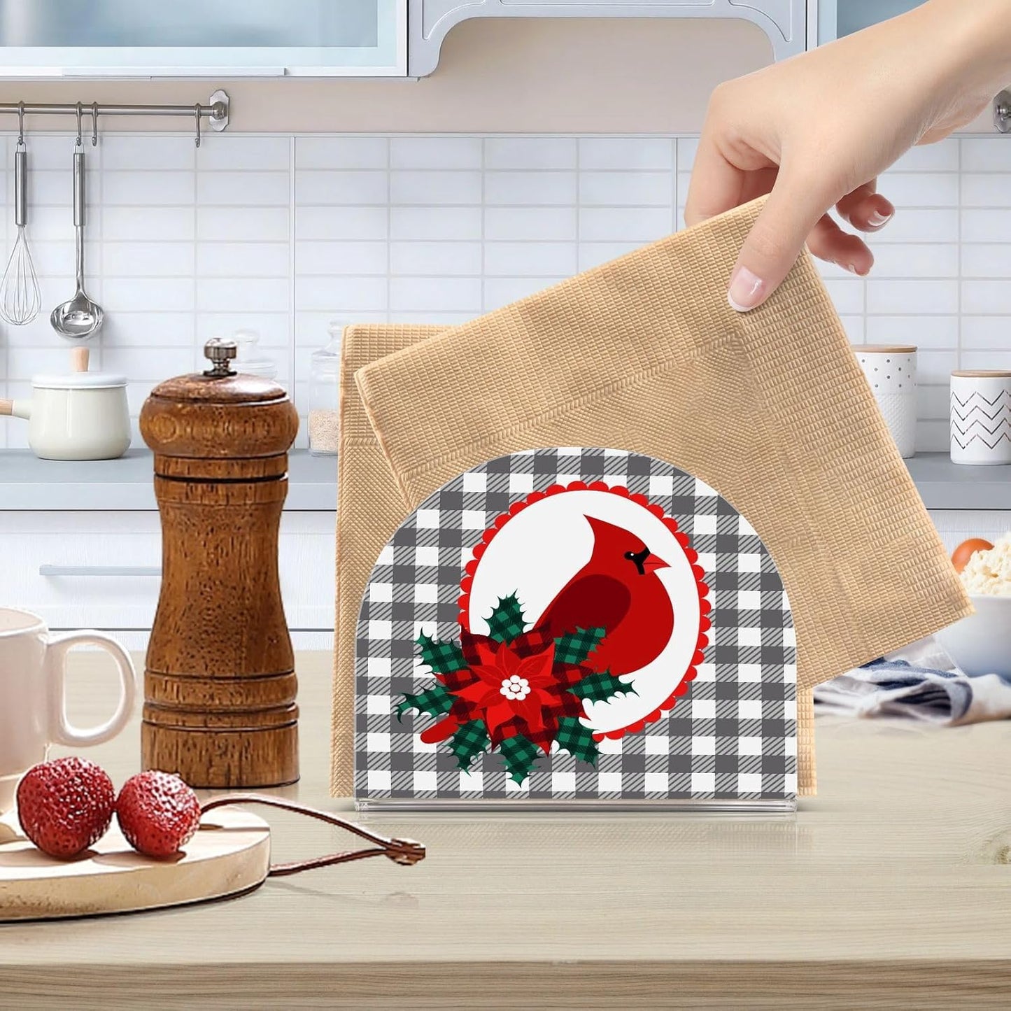 Cardinal Bird Christmas Checkered Plaid Napkin Holder for Table Paper Napkins Holder Acrylic Tissue Dispenser Kitchen Dining Room Bathroom Party Car Decor
