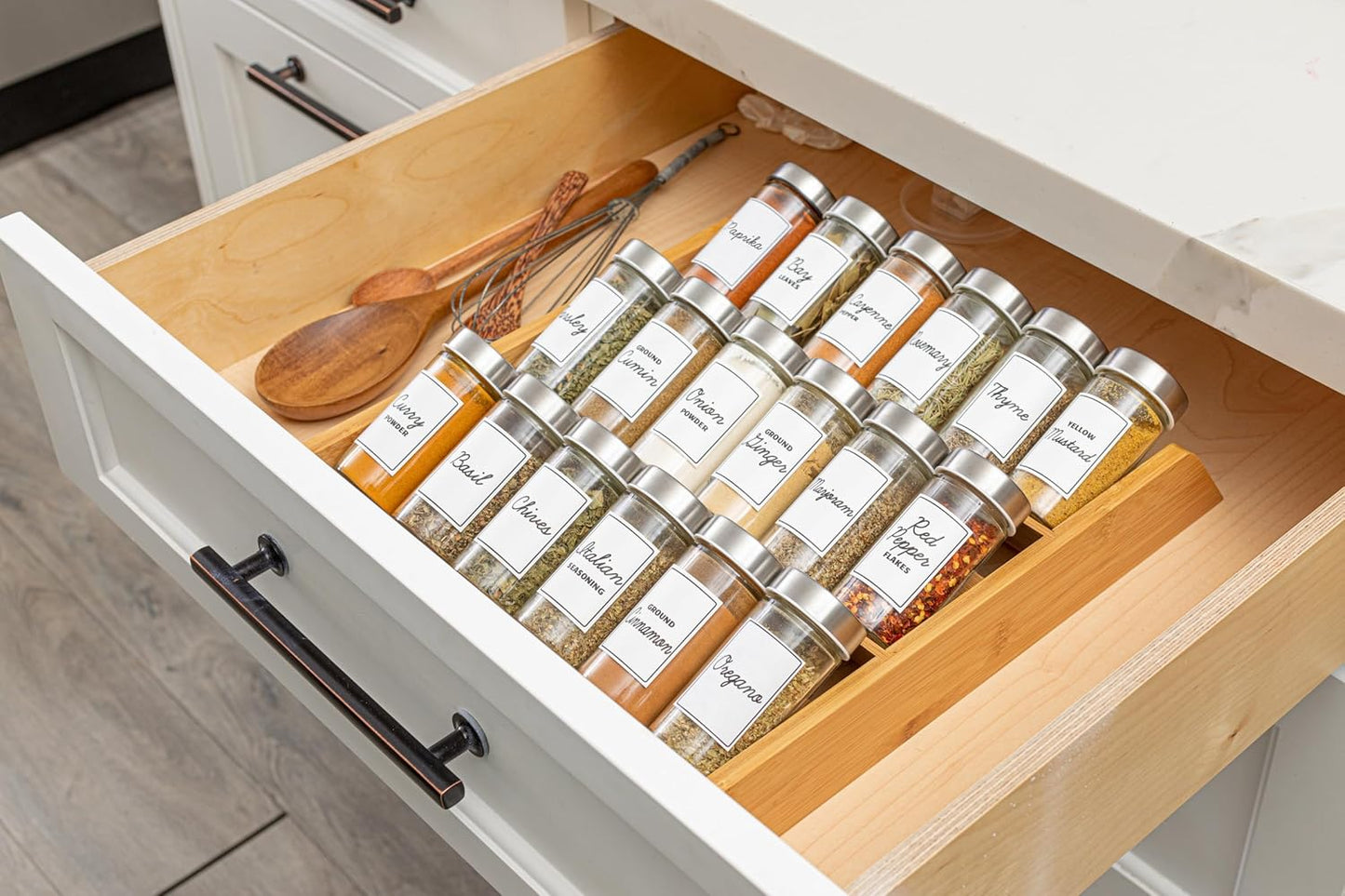 Orii 18 Jar Bamboo Compact Spice Organizer for Countertop and Kitchen Drawer, Filled with Spices, Program