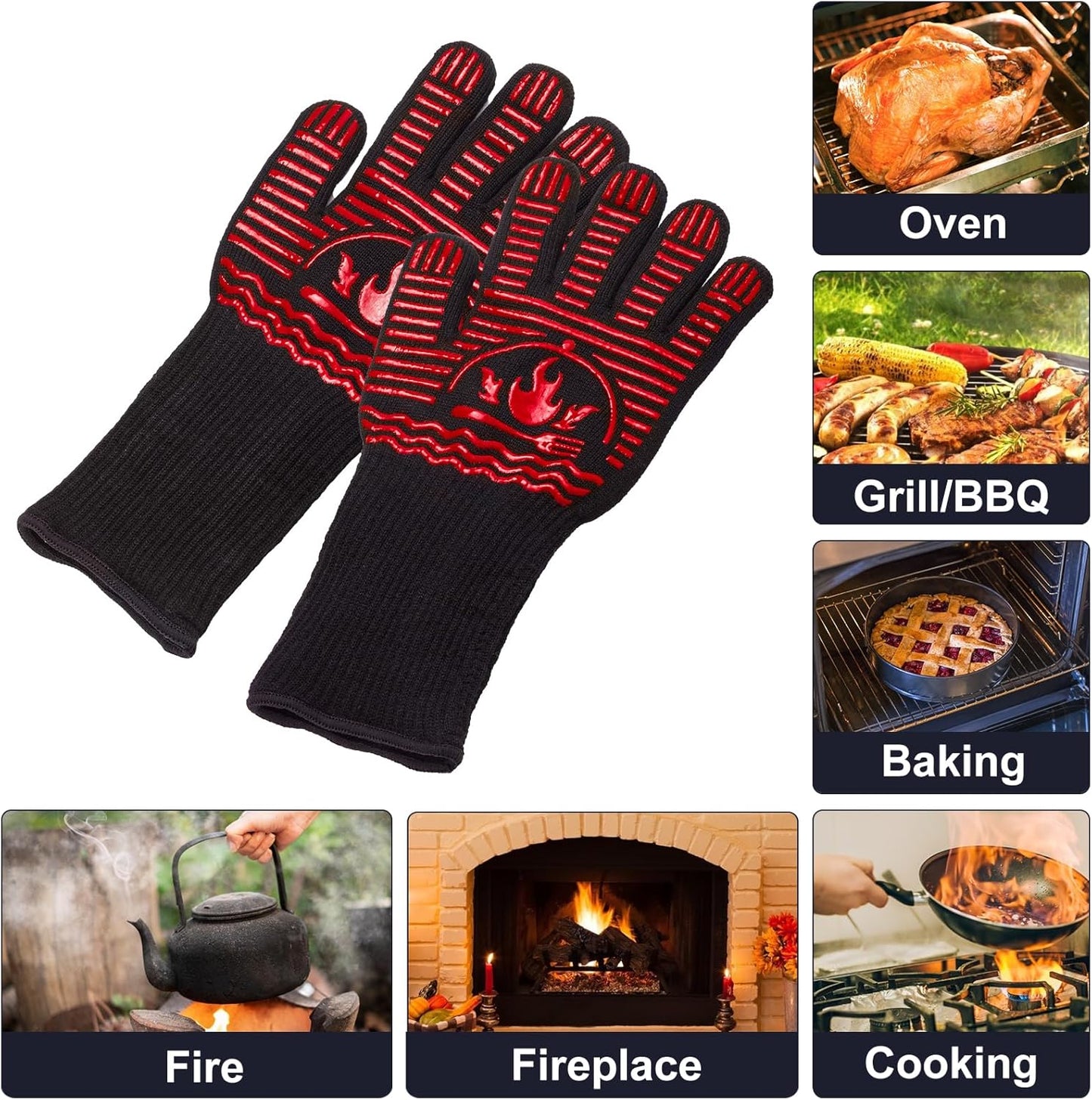 BBQ Gloves, 1472°F Extreme Heat Resistant Grill Gloves, Non-Slip Food Grade Silicone Oven Mitts Gloves for Kitchen, Cooking, Barbecue, Baking, Smoker Red(14inch)