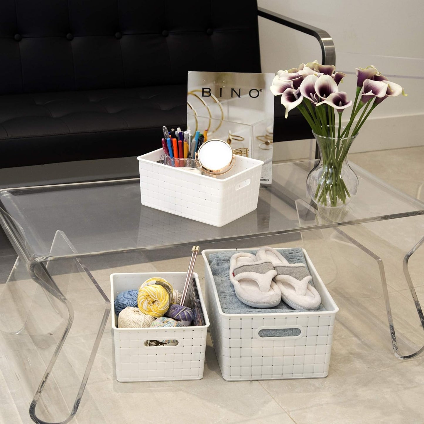 BINO | Plastic Basket, Large - White | 3 Pack | THE STABLE COLLECTION | Multi-Use Storage Basket | Rectangular Cabinet Organizer | Baskets for Organizing with Handles | Home & Office Storage Organizer