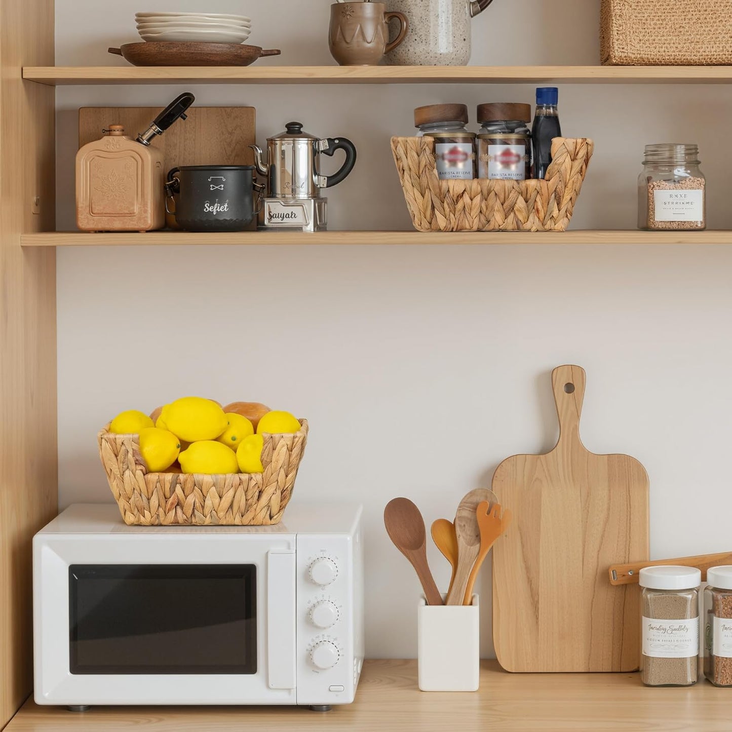 StorageWorks Small Pantry Baskets for Patato and Onion Storage, Wicker Baskets for Organizing with Built-in Handles, Water Hyacinth Pantry Organizers and Storage for Kitchen Shelves, 2 Pack