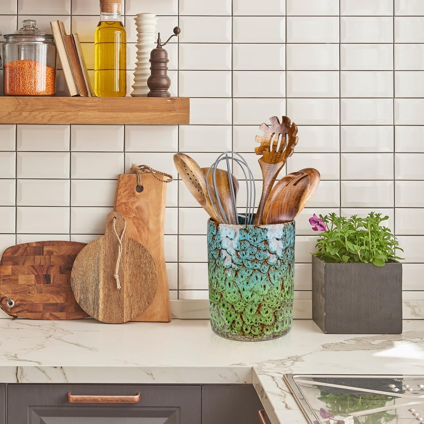 Utensil Holder, Ceramic Kitchen Utensil Holder for Countertop, Large Cooking Utensil Crocks for Kitchen Counter, Morden Utensil Organizer for Spatula, kitchen Decor, Blue & Green