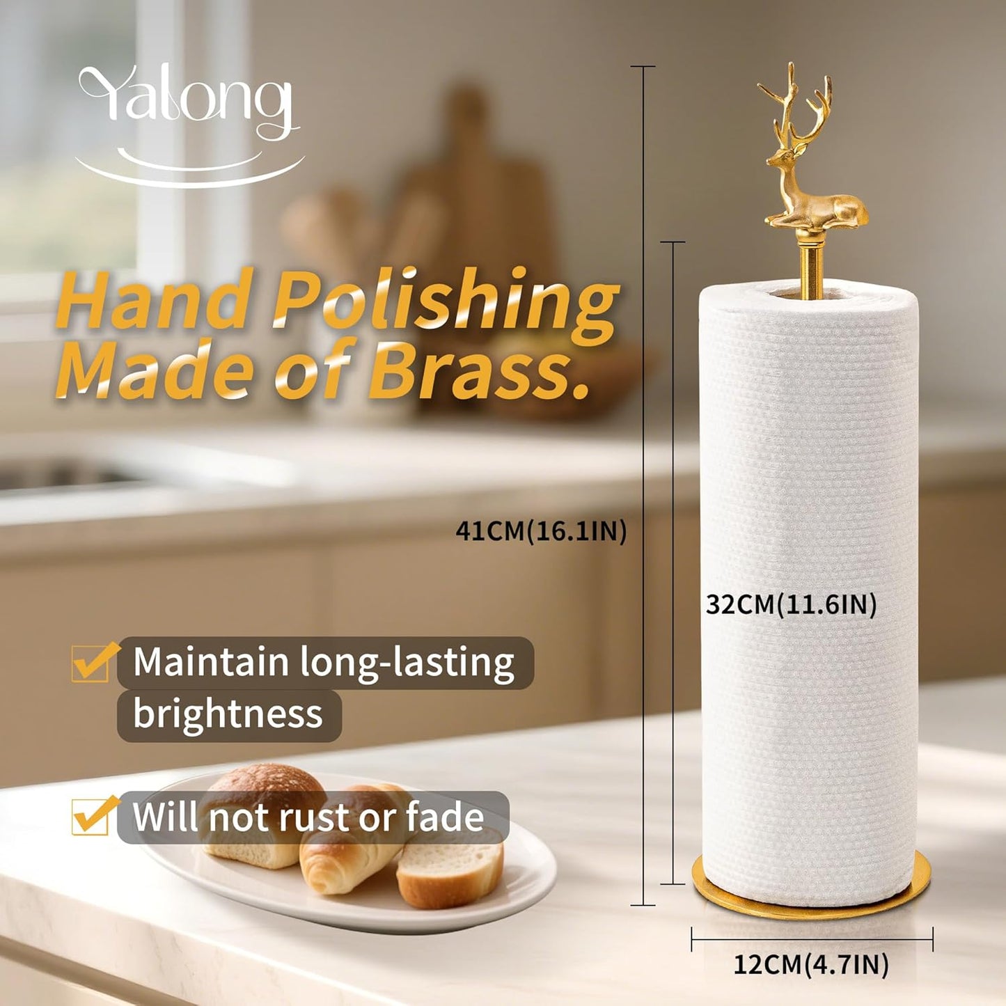 Gold Paper Towel Holder for Countertop, Vintage Brass Paper Holder for Kitchen, Bathroom, Dining Room, Non-Scratch Base & Detachable Deer