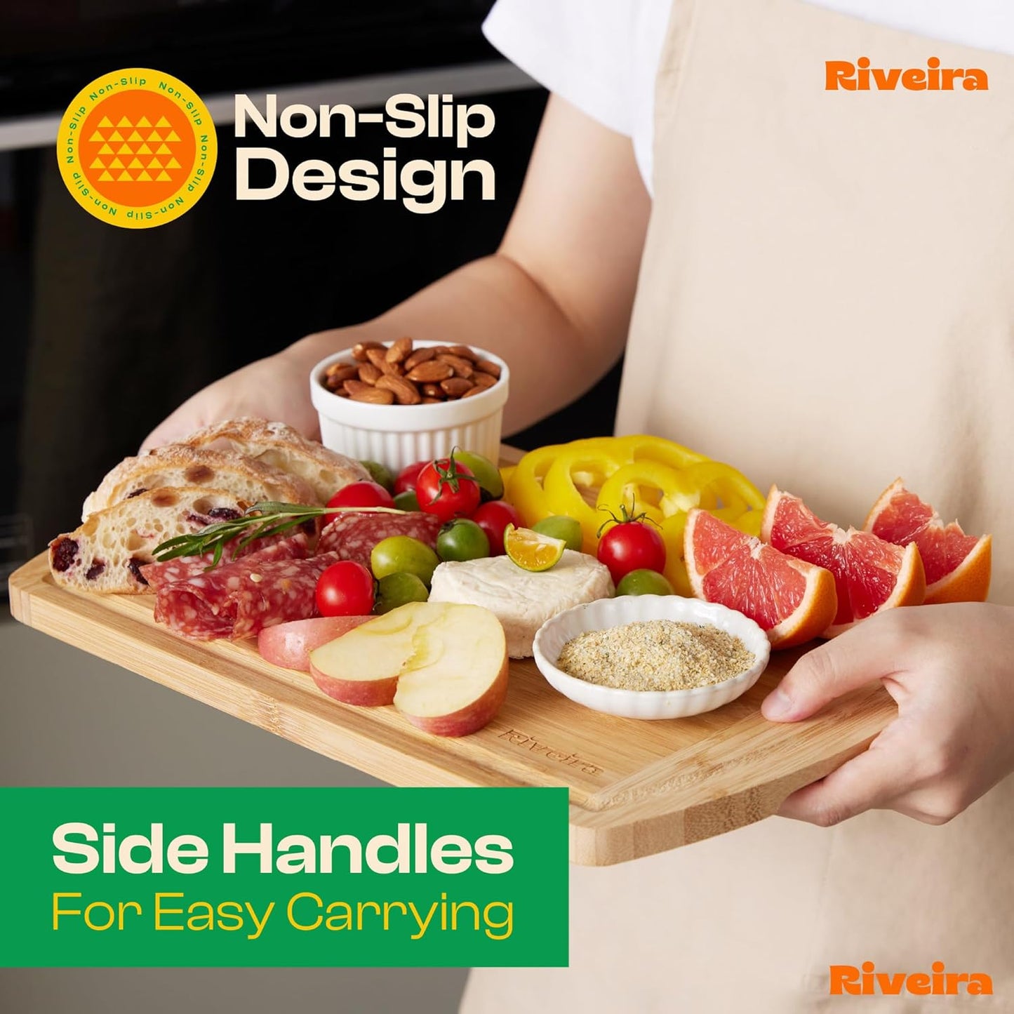 Riveira Two Tone Bamboo Wood Cutting Board – Gourmet Bamboo Grandeur: 18 x 12 Wooden Cutting Board – Wooden Cutting Boards For Kitchen Decorative – Innovative Juice Grooves Wooden Chopping Board