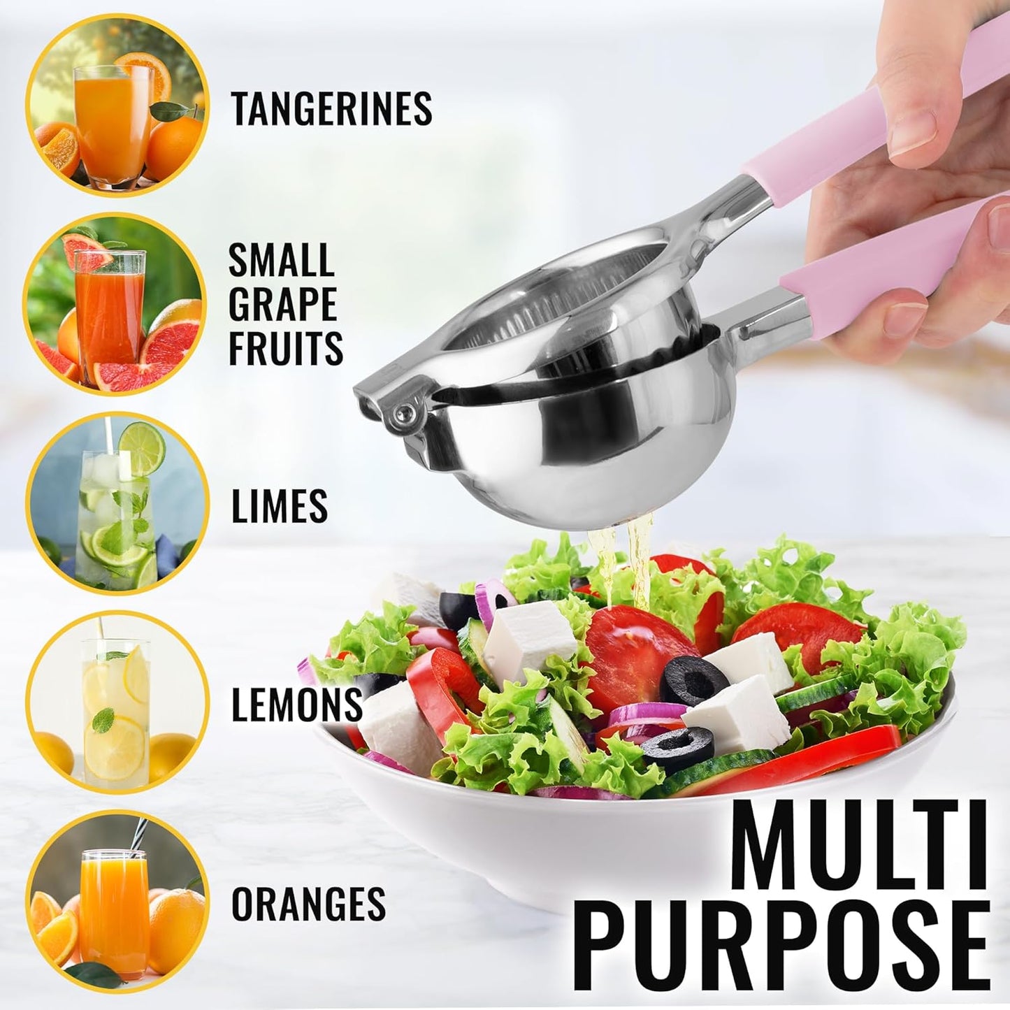 Zulay Lemon Squeezer Stainless Steel with Premium Heavy Duty Solid Metal Squeezer Bowl and Food Grade Silicone Handles - Large Manual Citrus Press Juicer and Lime Squeezer Stainless Steel (Pink)