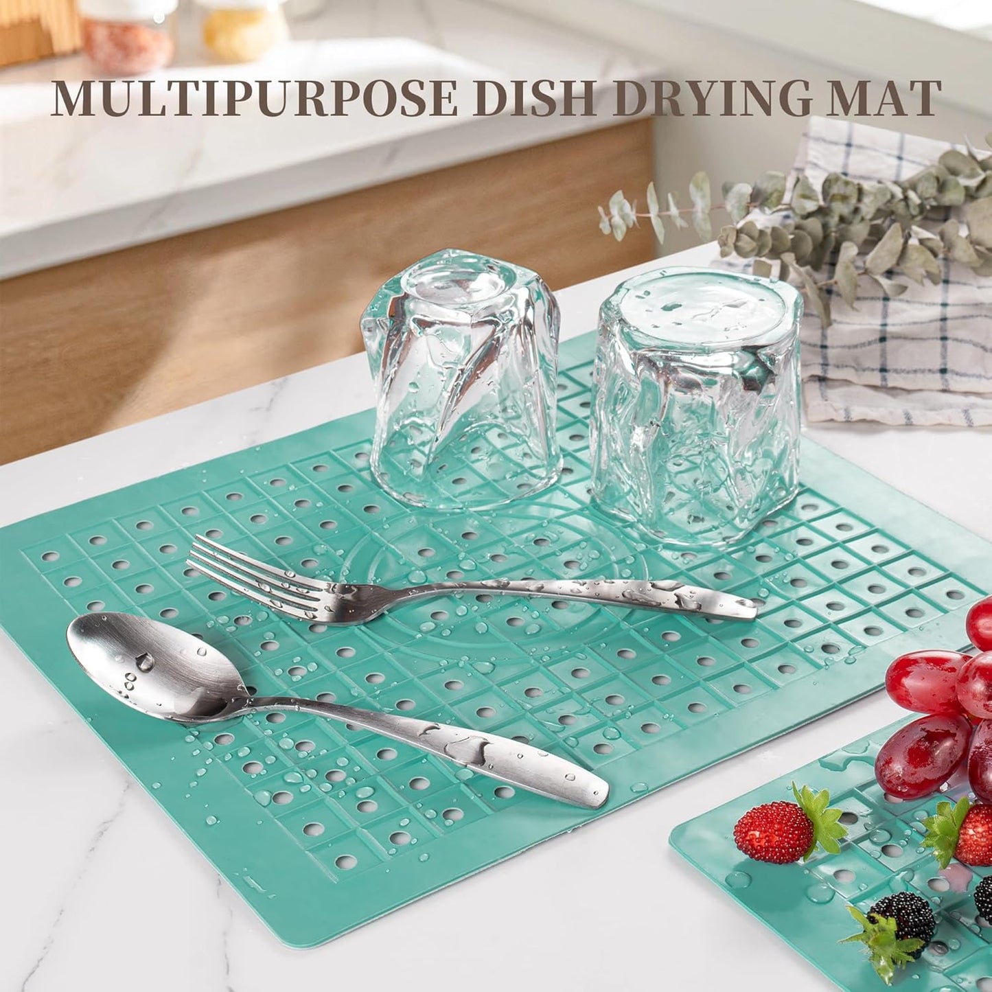 WILLKOMMEN Kitchen Sink Mat, 12" x 10" Rectangular Sink Protector Pad, Fast-Draining Grid Design Liner, Dish Drying Mat 2 Pack Mint Green
