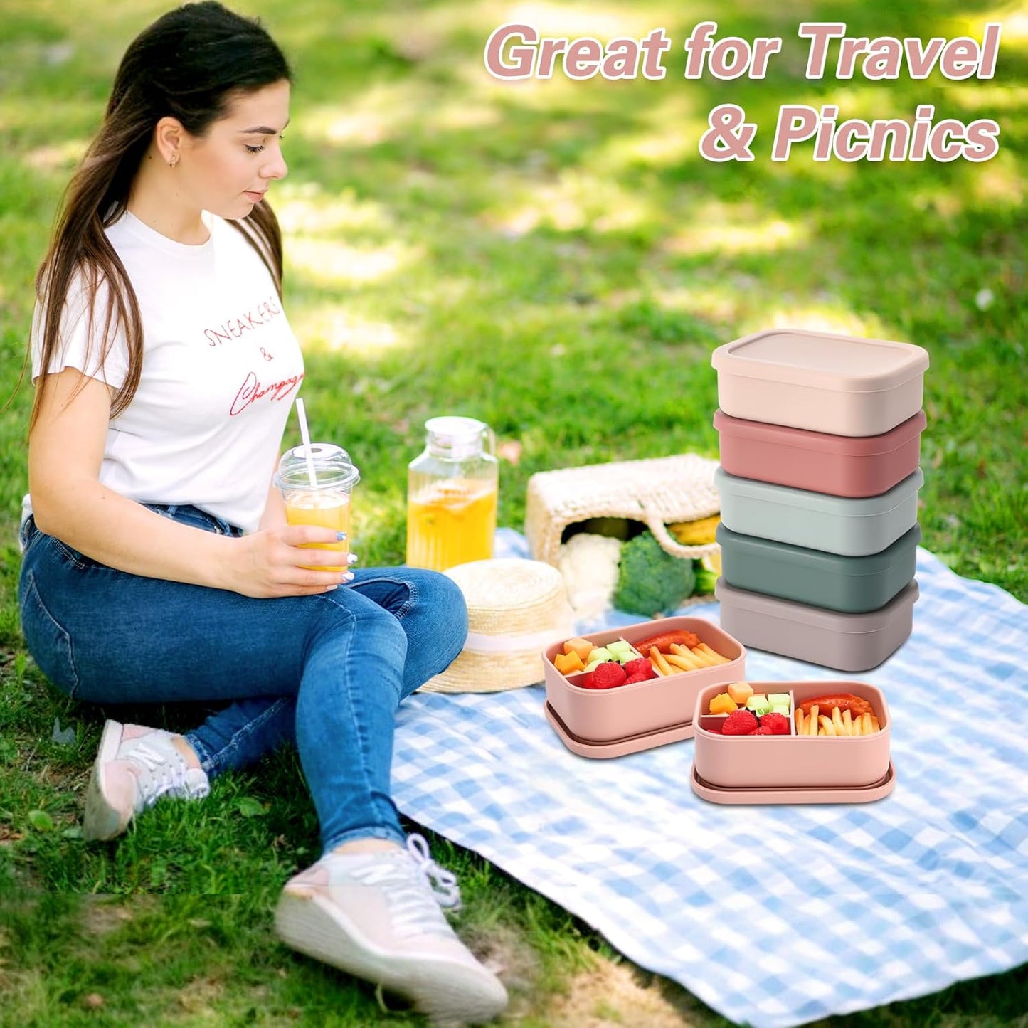 Honeydak 6 Pcs Silicone Bento Box 3 Compartment Reusable Lunch Container Smooth and Leakproof Meal Prep Lunch Box with Lid Stackable Meal Prep Container for Work Travel, 6 Colors(Bright Colors)