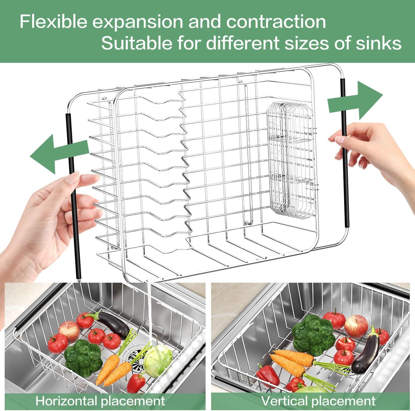 Large Dish Drainer Rack in Sink Adjustable, Expandable 304 Stainless Steel Metal Dish Drying Rack Organizer with Stainless Steel Utensil Holder Over Inside Sink Counter, Rustproof