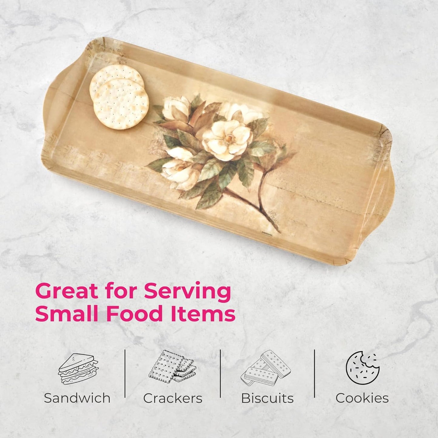 Pimpernel Sugar Magnolia Sandwich Tray - Rectangular Melamine Snack Tray with Blooming Floral Design, Pink & Green Tones - Dishwasher Safe Serving Platter for Breakfast Pastries or Decorative Display