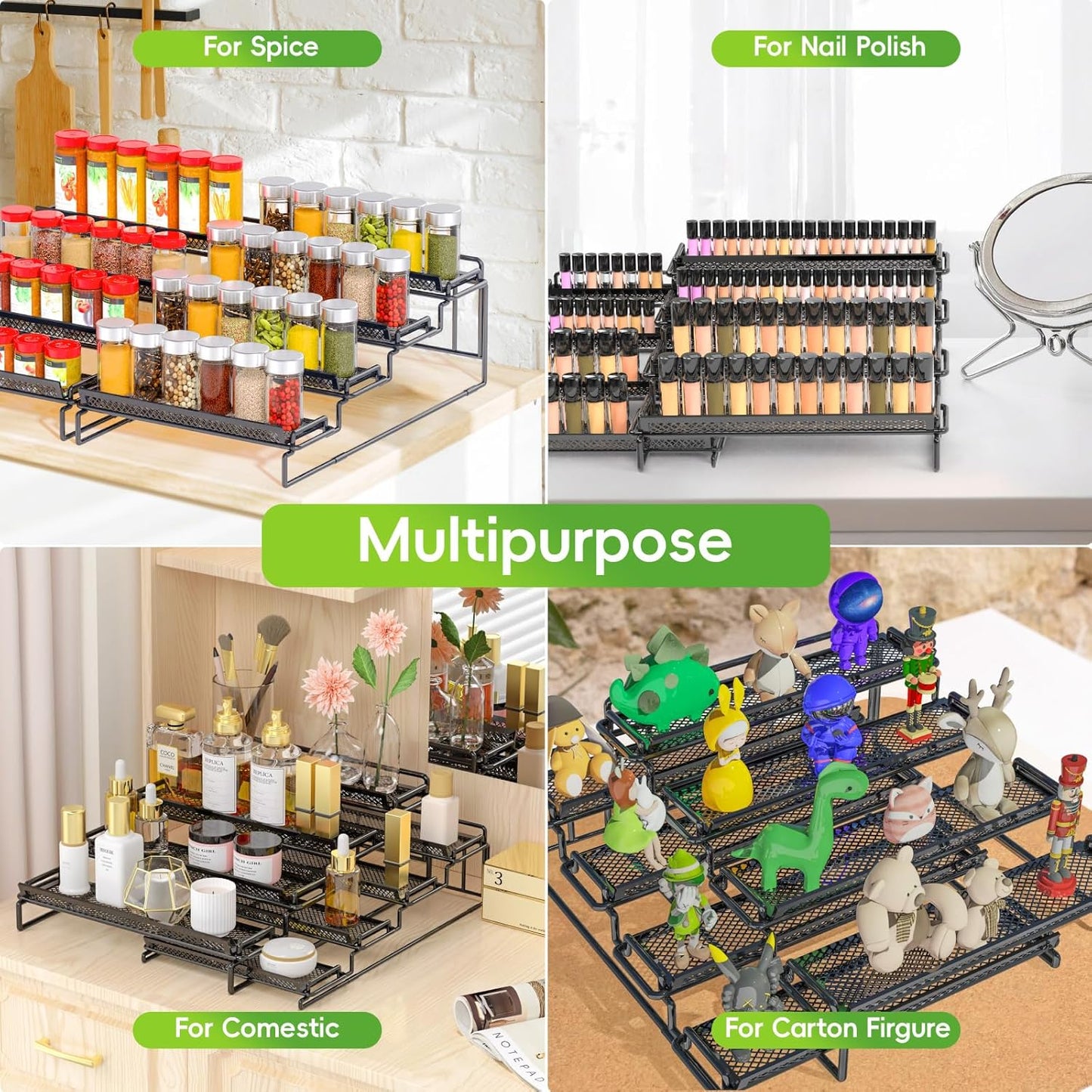 4 Tier Adjustable Spice Rack Organizer for Cabinet - Black (2 Pack) | Expandable Spice Shelf with Protection Railing for Inside Cabinets, Countertop, Pantry Storage & Seasoning Organization