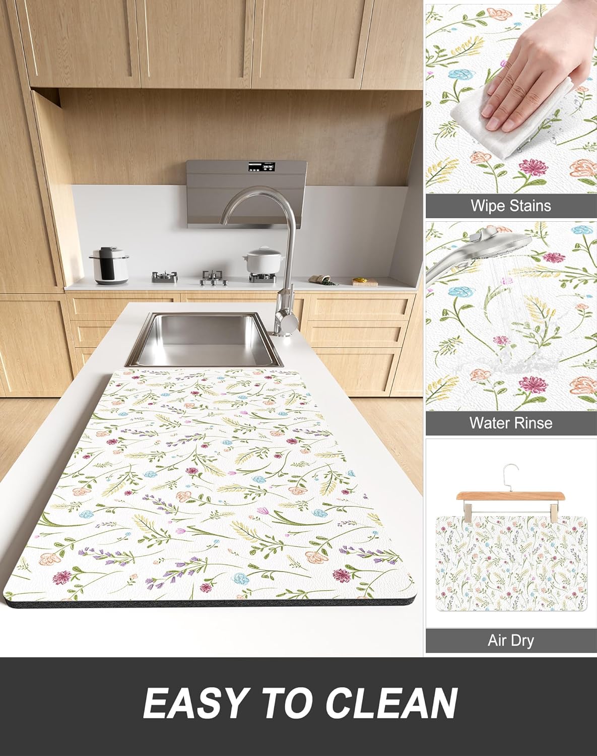 Rnivvi Dish Drying Mat for Kitchen Counter, XL 15 x 24" Cute Flower Theme Absorbent Draining Pad, Non-Slip Heat Resistant Coffee Bar Mat for Coffee Machine Station Accessories, White Dish Rack Pad