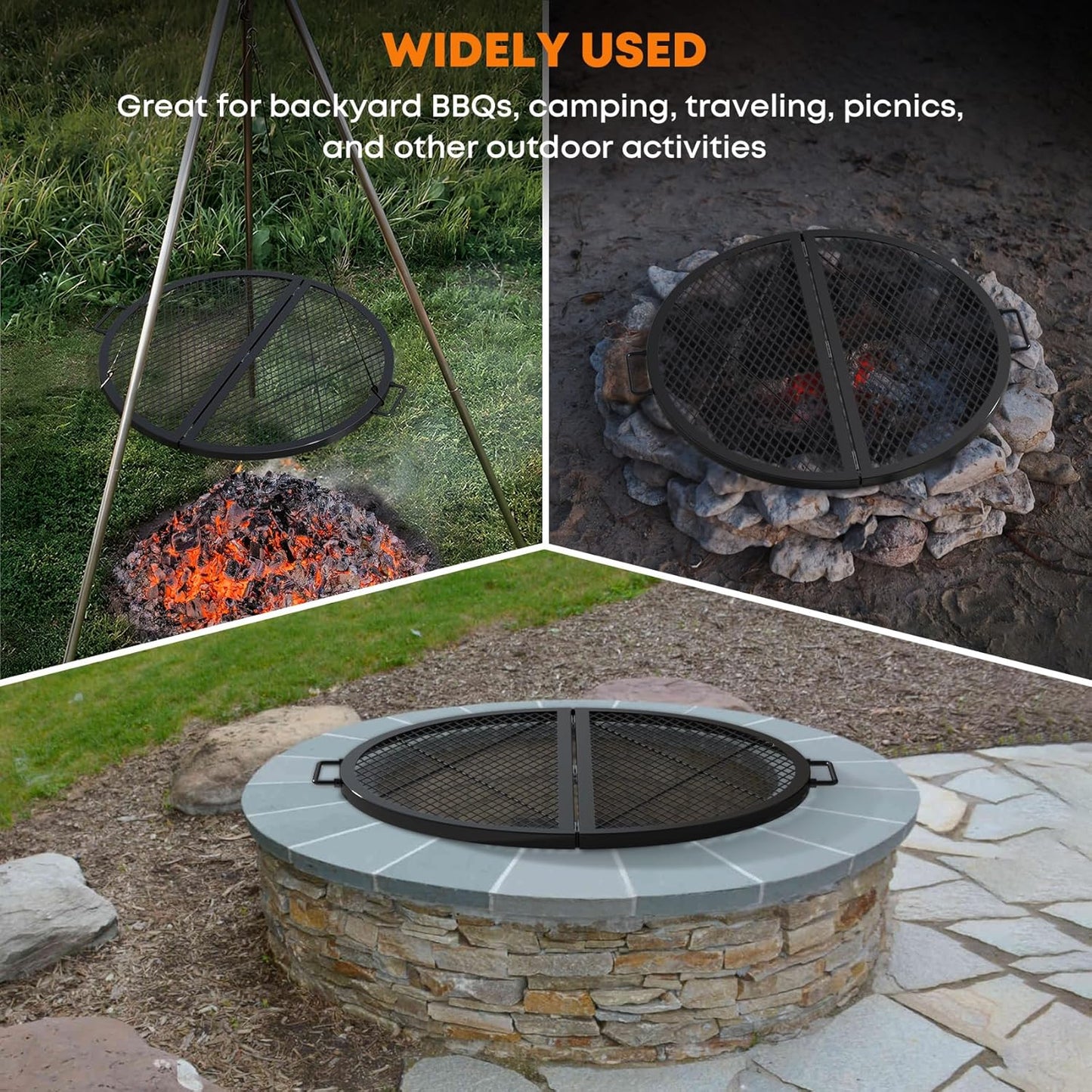 Stanbroil X-Marks Fire Pit Cooking Grate, Foldable Round Grill Grate with Handles, 30 Inch Portable Outdoor Campfire BBQ Grill, Black