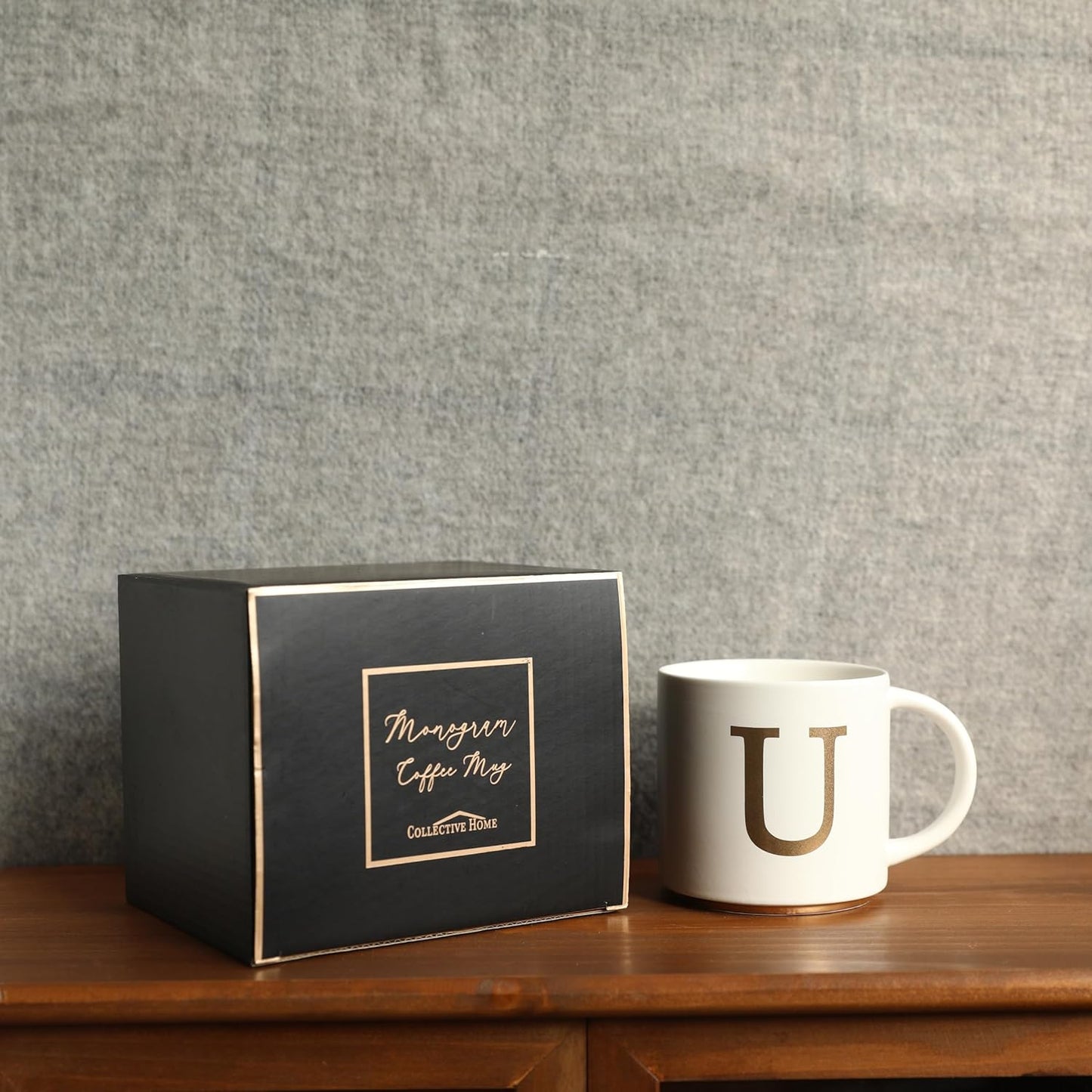 COLLECTIVE HOME - Monogram Ceramic Mugs, 15 oz Golden Initial Coffee Cups, Elegant Alphabet Tea Mugs, Elegant Personalized Mug with Gift Box, Unique Mug with Double Side Capital Letter (U)