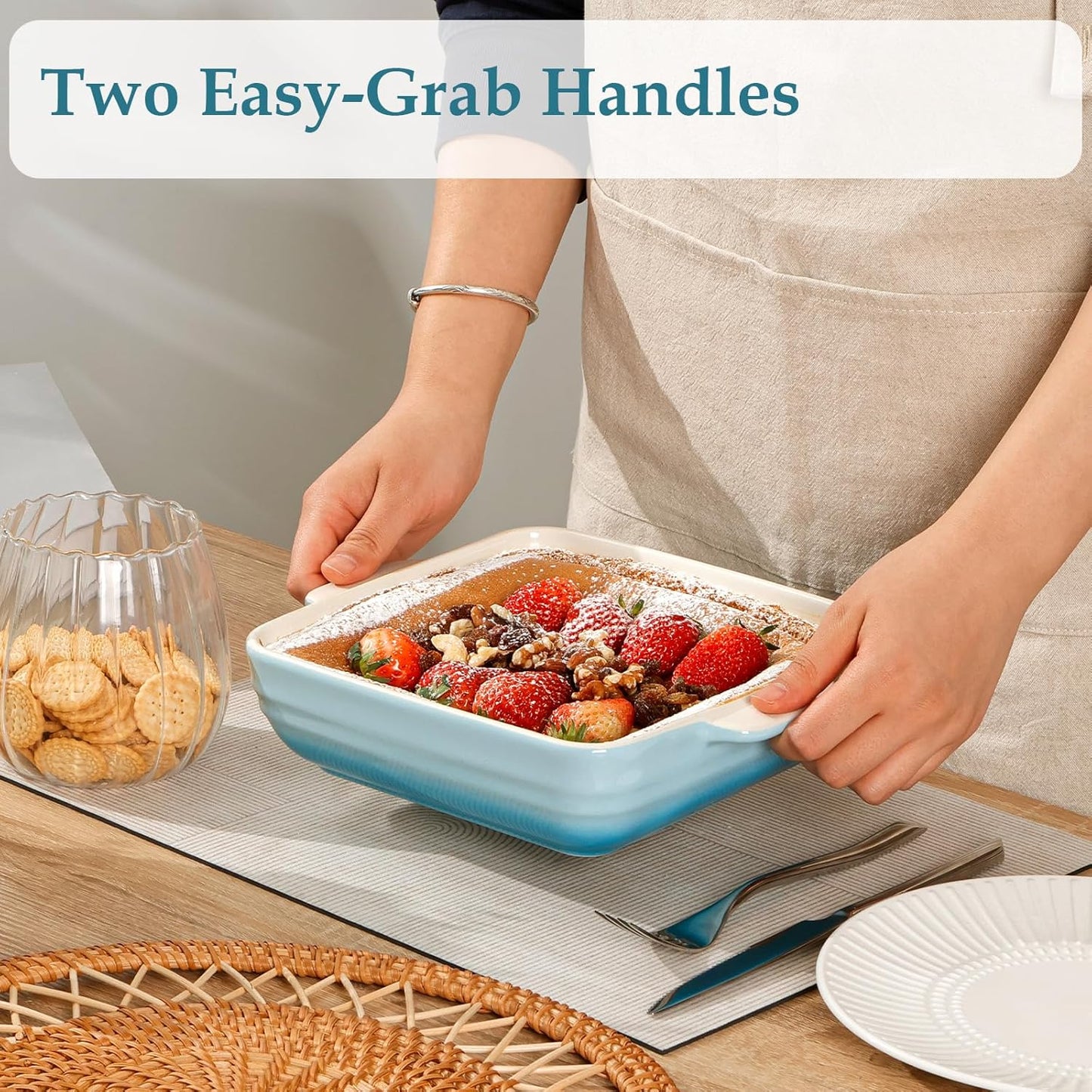 NUTRIUPS 8x8x2.4 inch Square Baking Dish, 50 Oz /1.6 Qt Ceramic Baking Pan with Handles, Casserole Dish for Oven, Porcelain Bakeware (Gradient Blue)