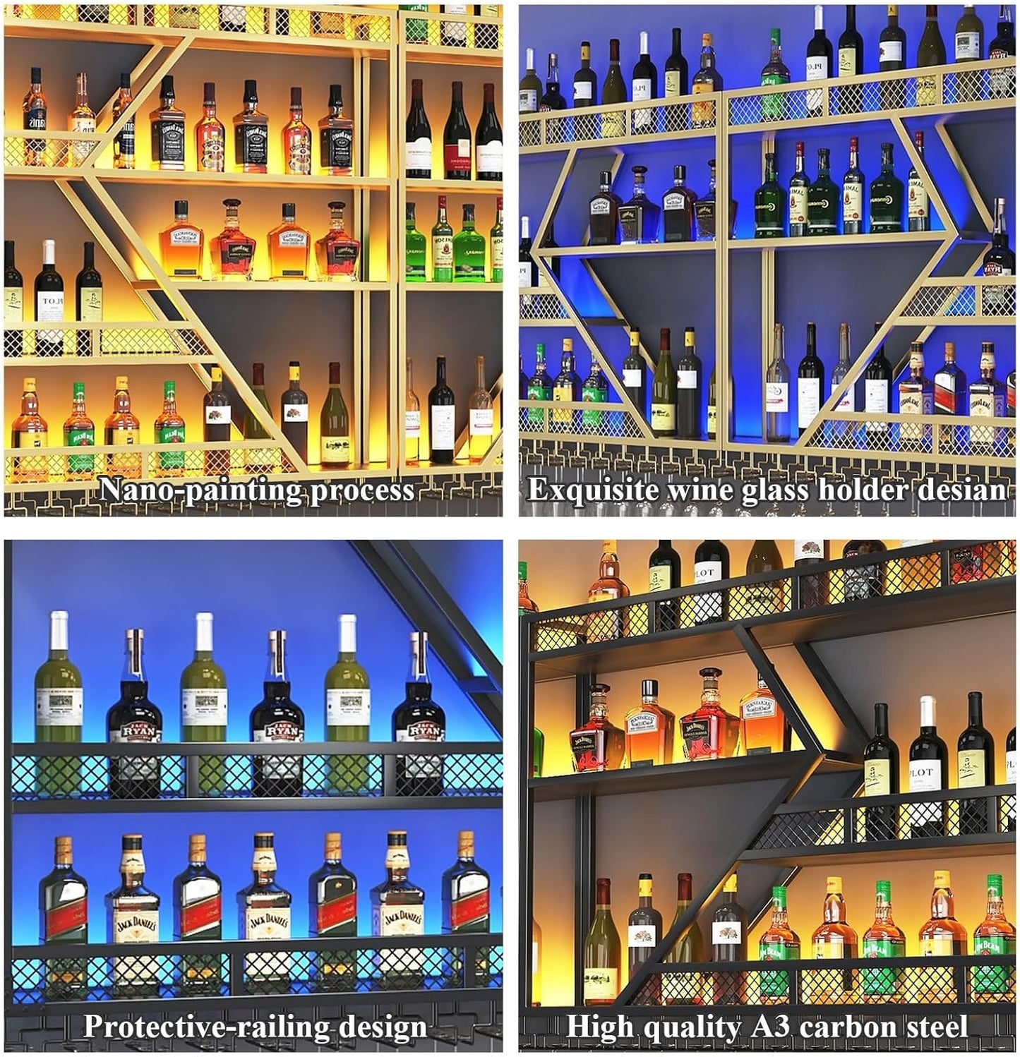 63in Metal Wine Rack Wall Mounted, Modern Wine Storage Rack Wall Mounted with Wine Glass Holder, Liquor Shelf, Bar Shelves for Liquor Bottles (3TIERS Gold, 63 * 7.87 * 33.85INCH)