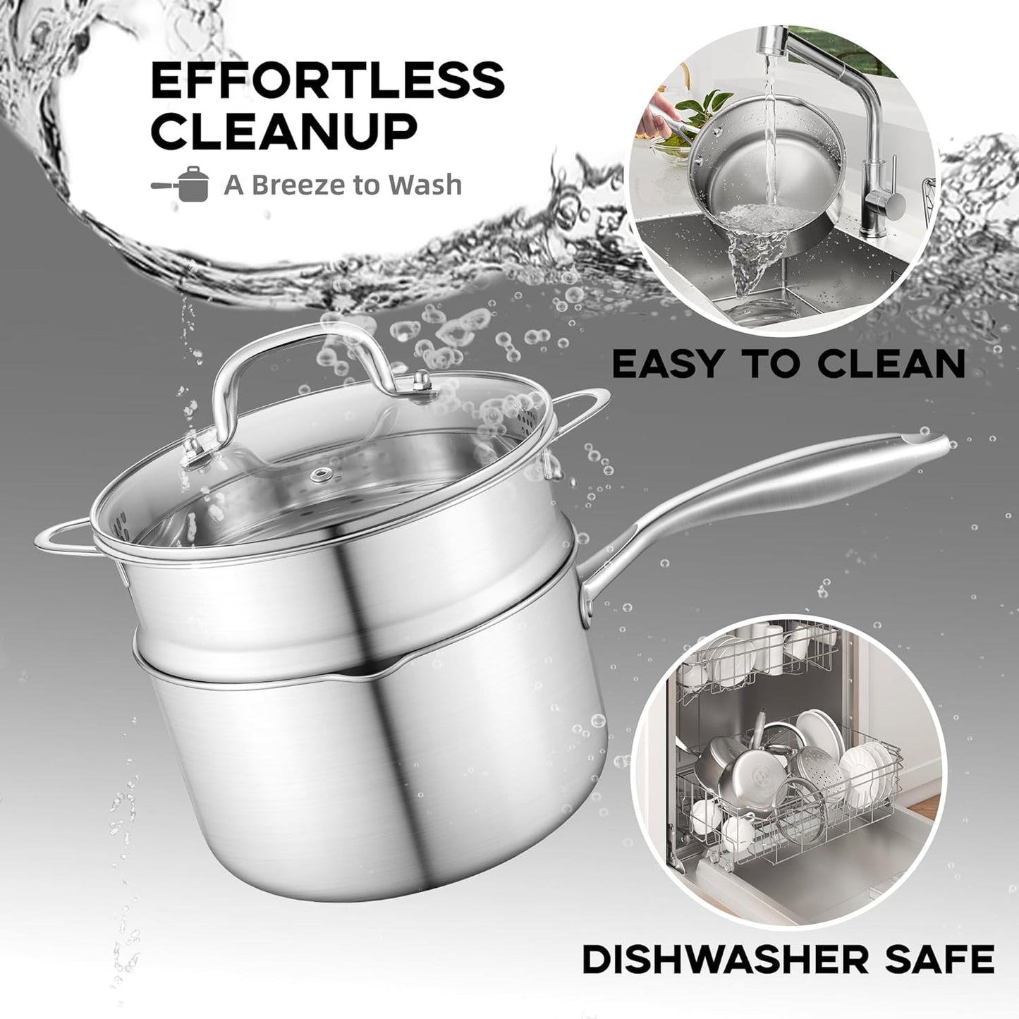 Leetaltree 1.5 Quart Stainless Steel Saucepan with Steamer Basket, Tri-ply Construction, Versatile Sauce Pan with Double-sized Drainage Lid - Perfect for Cooking Gravies. Pasta, Vegetable and More