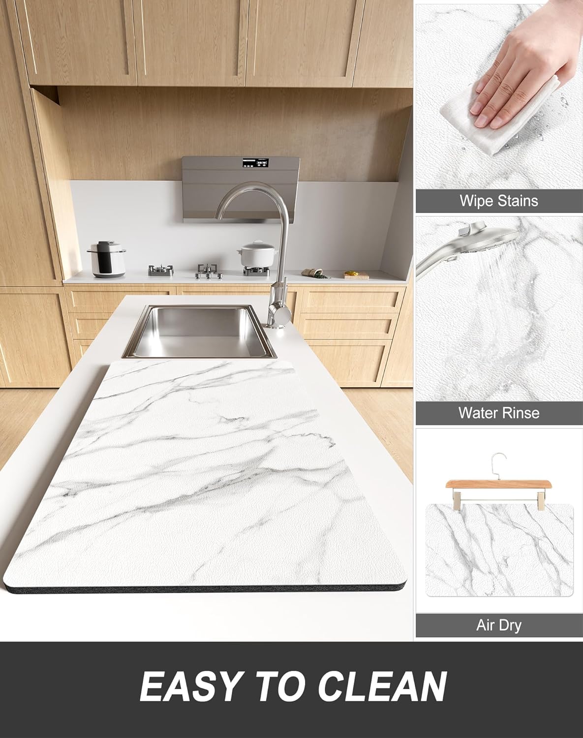 Rnivvi Dish Drying Mat for Kitchen Counter, XL 15 x 24" Cute Marble Super Absorbent Draining Pad, Non-Slip Heat Resistant Coffee Bar Mats for Coffee Machine Station Accessories, White Dish Rack Pad