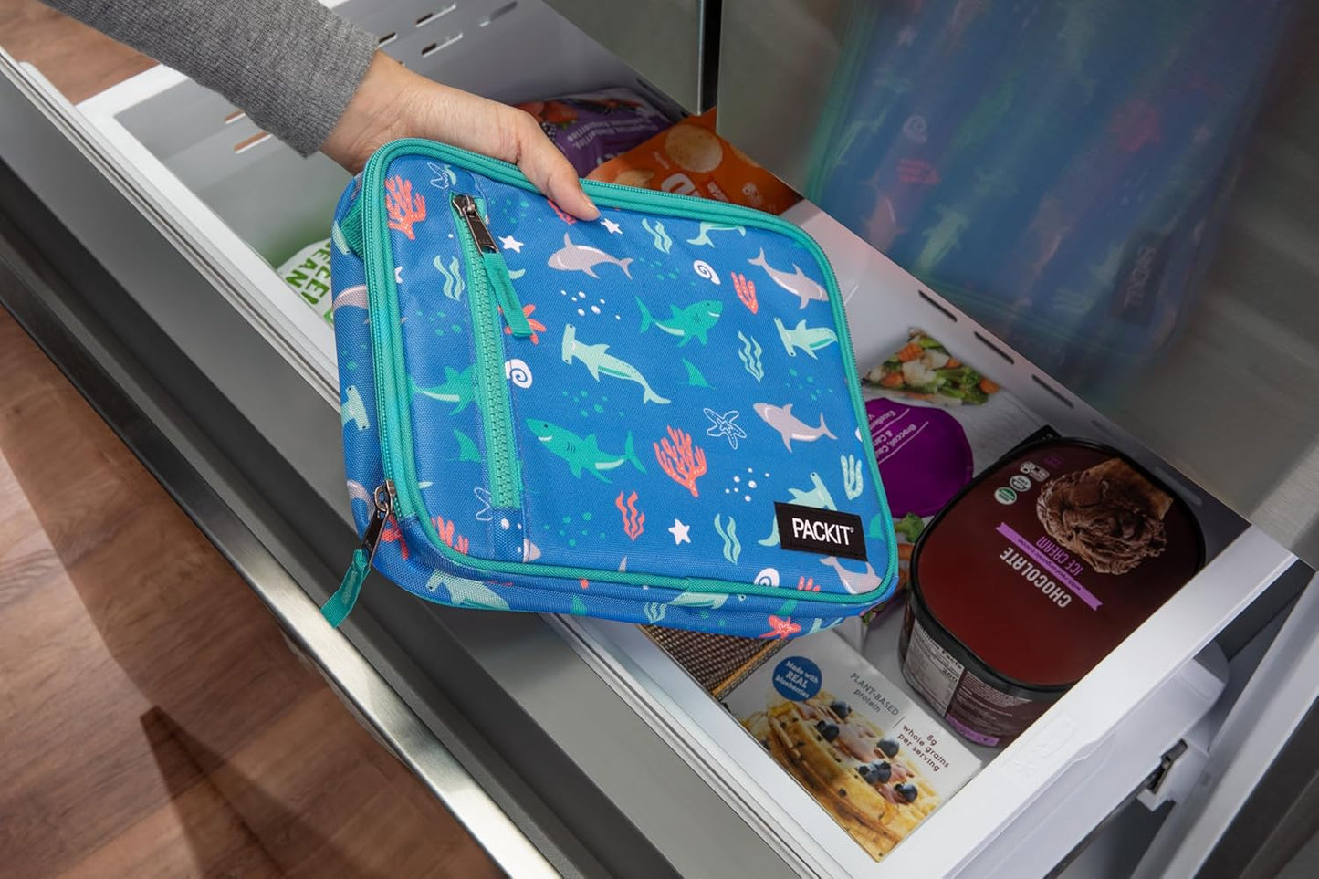 PackIt Freezable Classic Lunch Box, Sea Shark, Built with ECOFREEZE Technology, Collapsible, Reusable, Zip Closure With Zip Front Pocket and Buckle Handle, Designed for Fresh Lunch On the Go